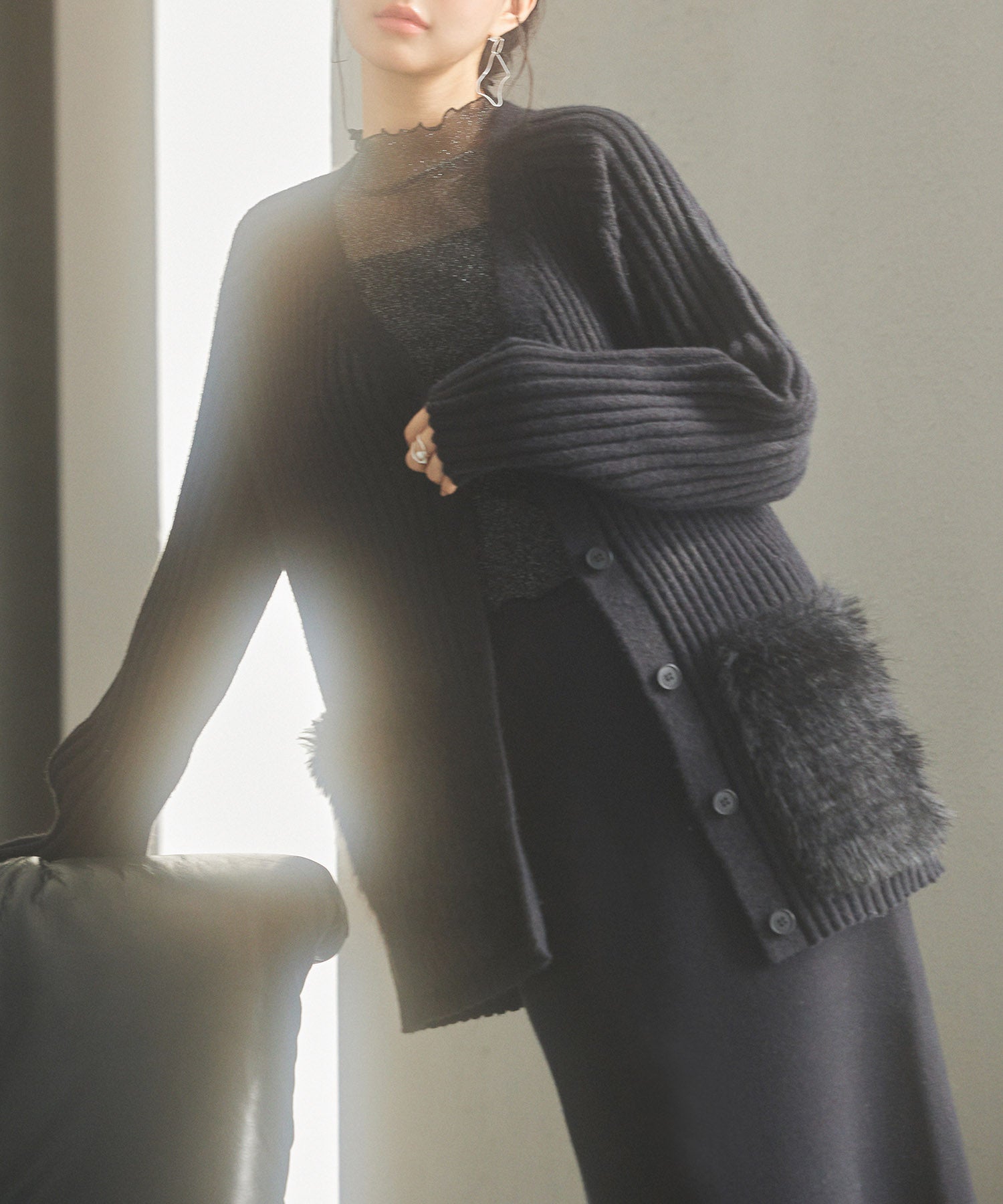 ファーポケットVネックニットカーディガンsdp8029 ブラック