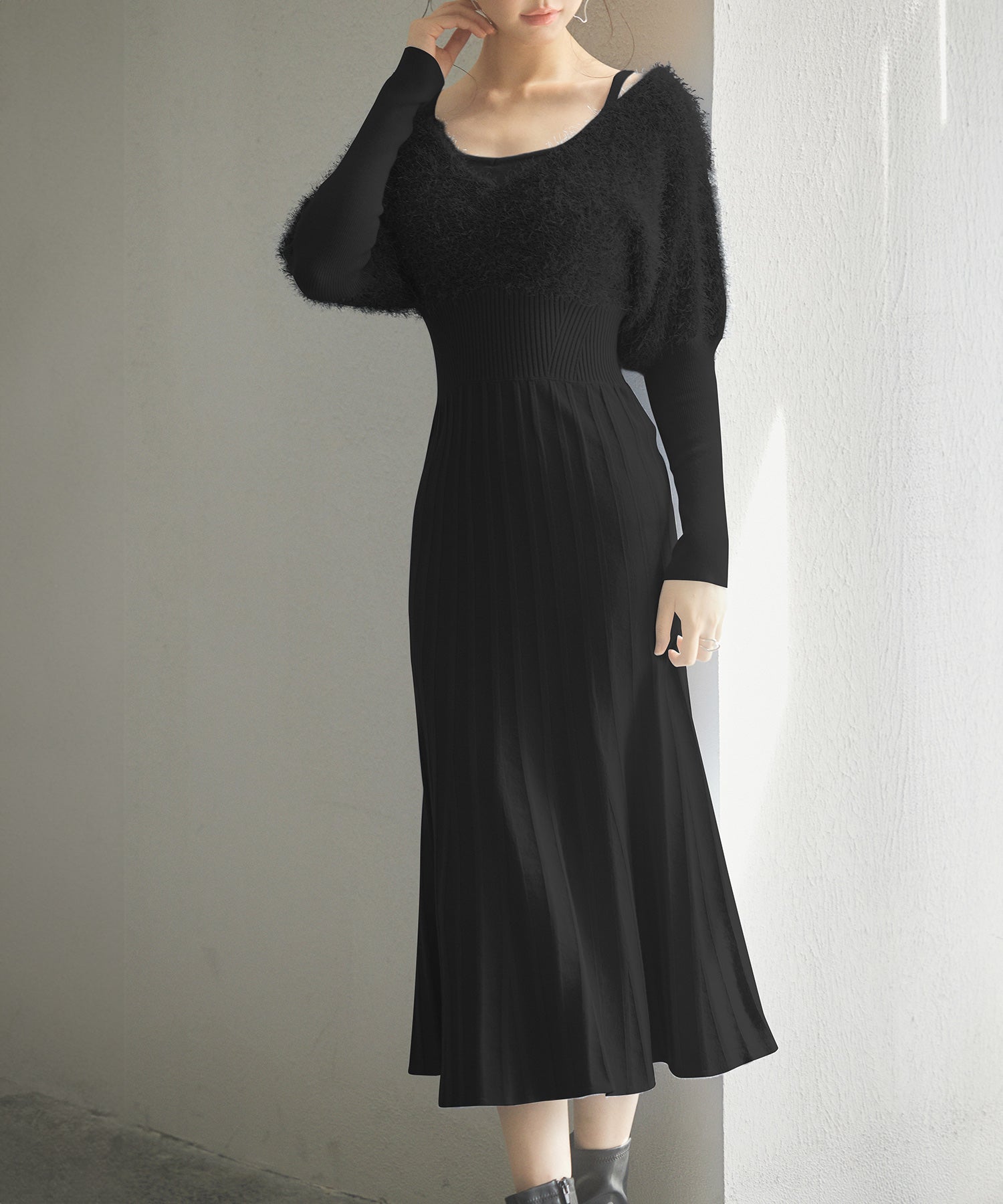 フェザーとニットスカートがドッキング2wayワンピースsdp8030 ブラック