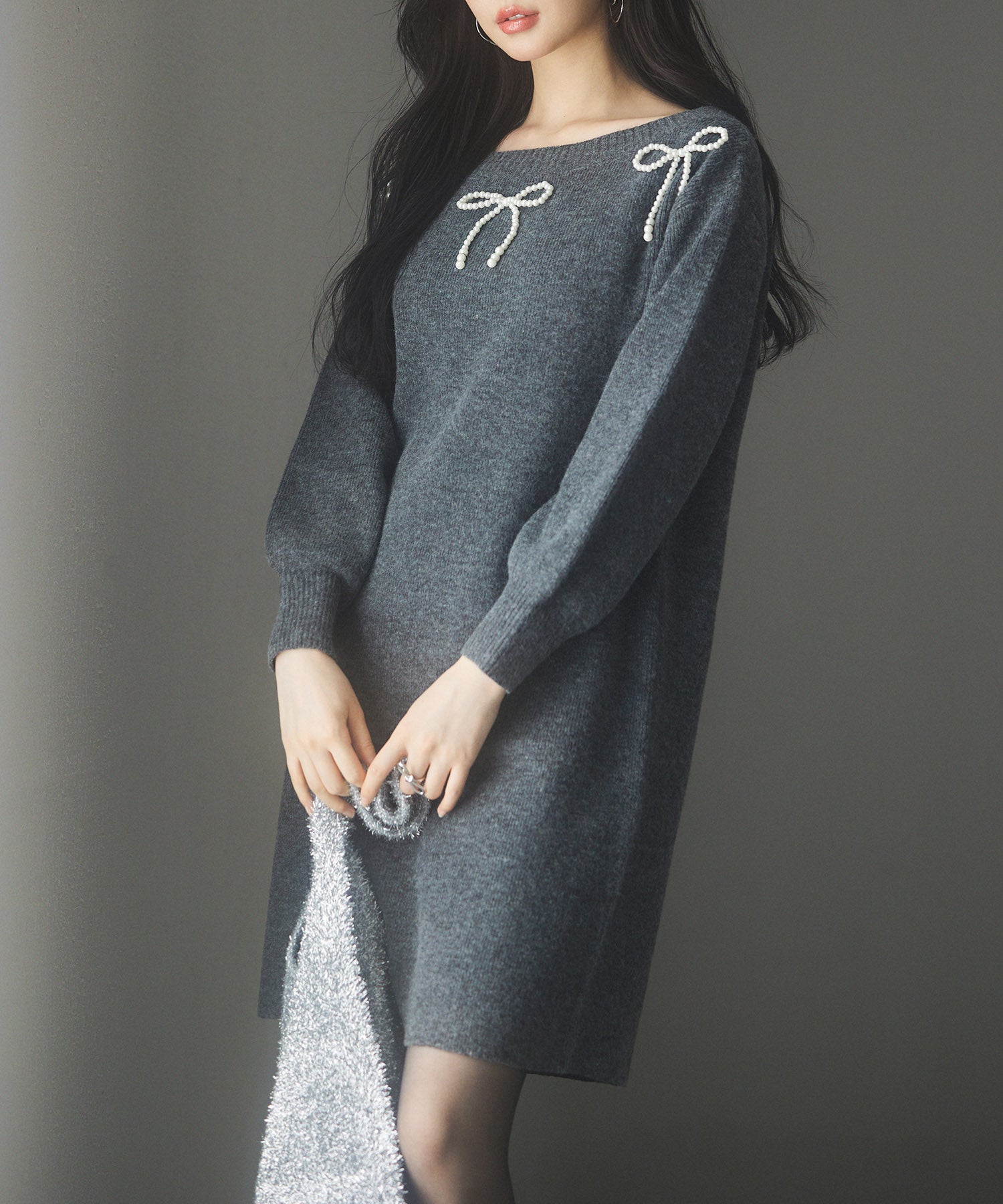 2wayネックパールリボンニットワンピースsdp8035 チャコール – [公式