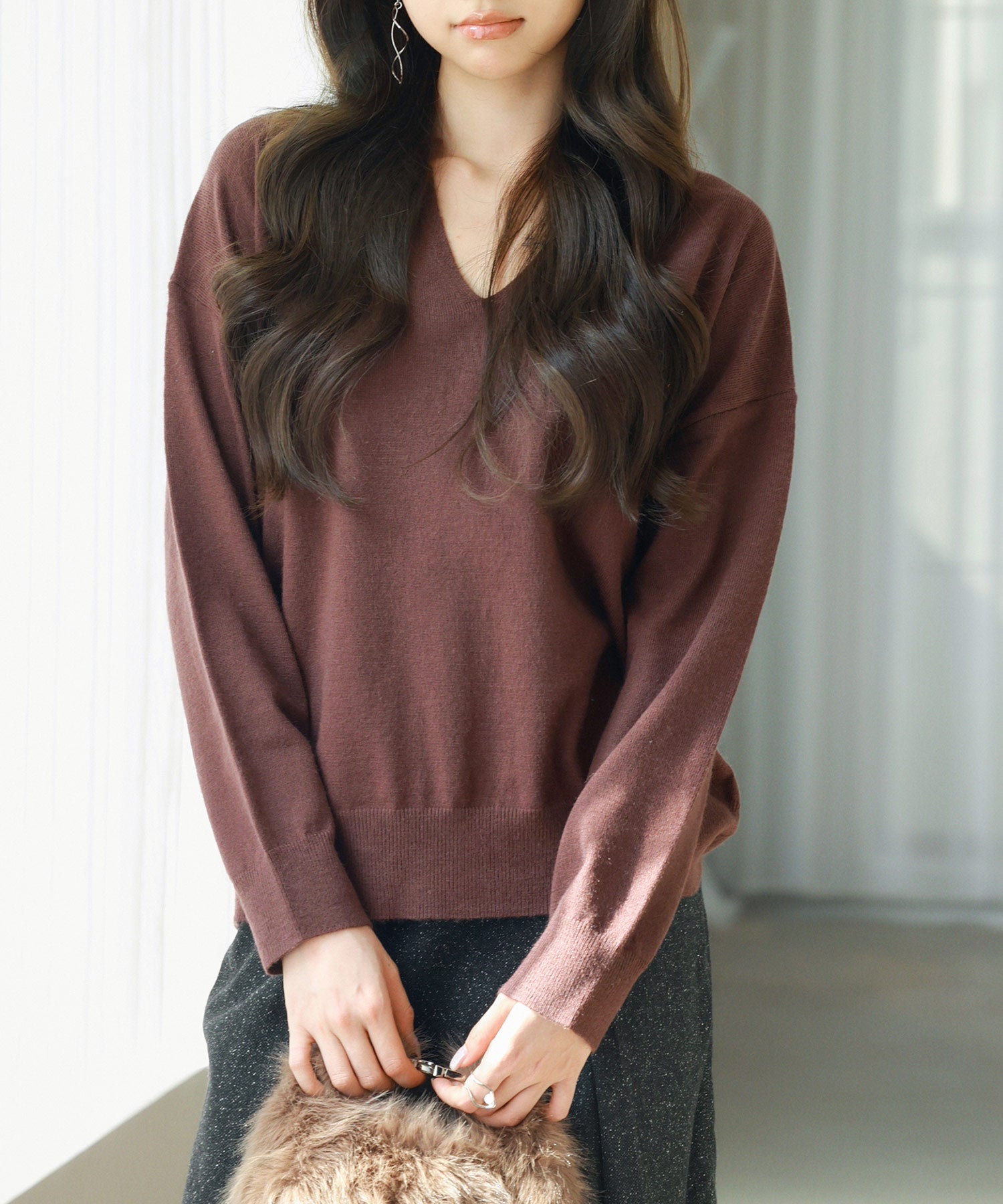 キーネックドロップショルダーニットsdp8047 ダークブラウン