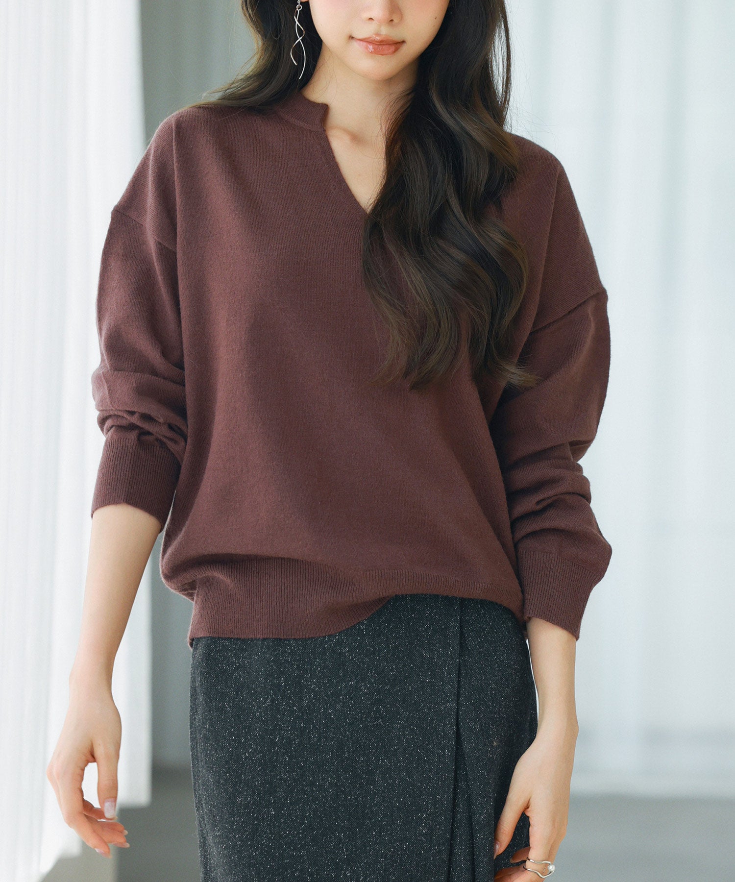 キーネックドロップショルダーニットsdp8047 ダークブラウン – [公式