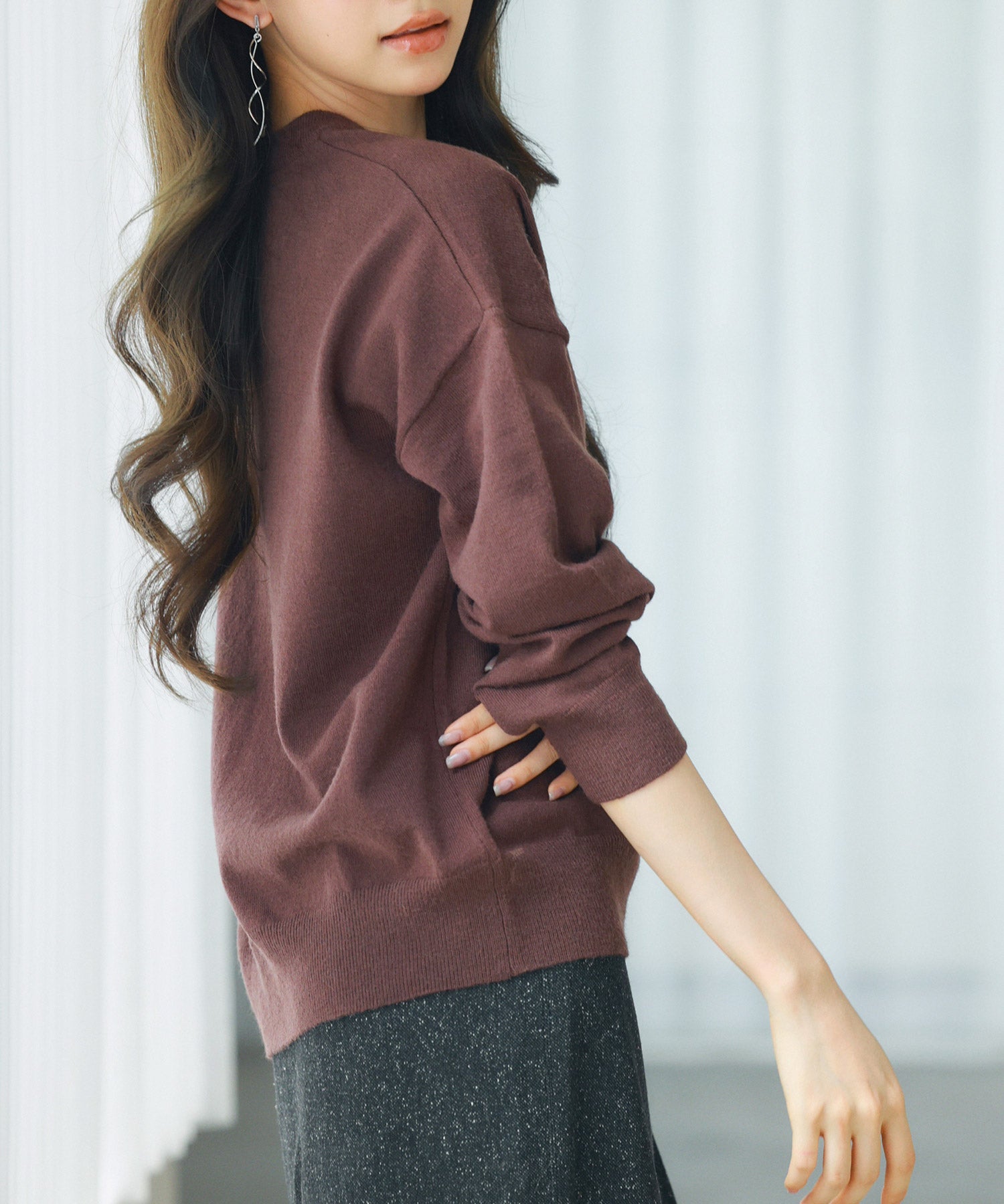 キーネックドロップショルダーニットsdp8047 ダークブラウン