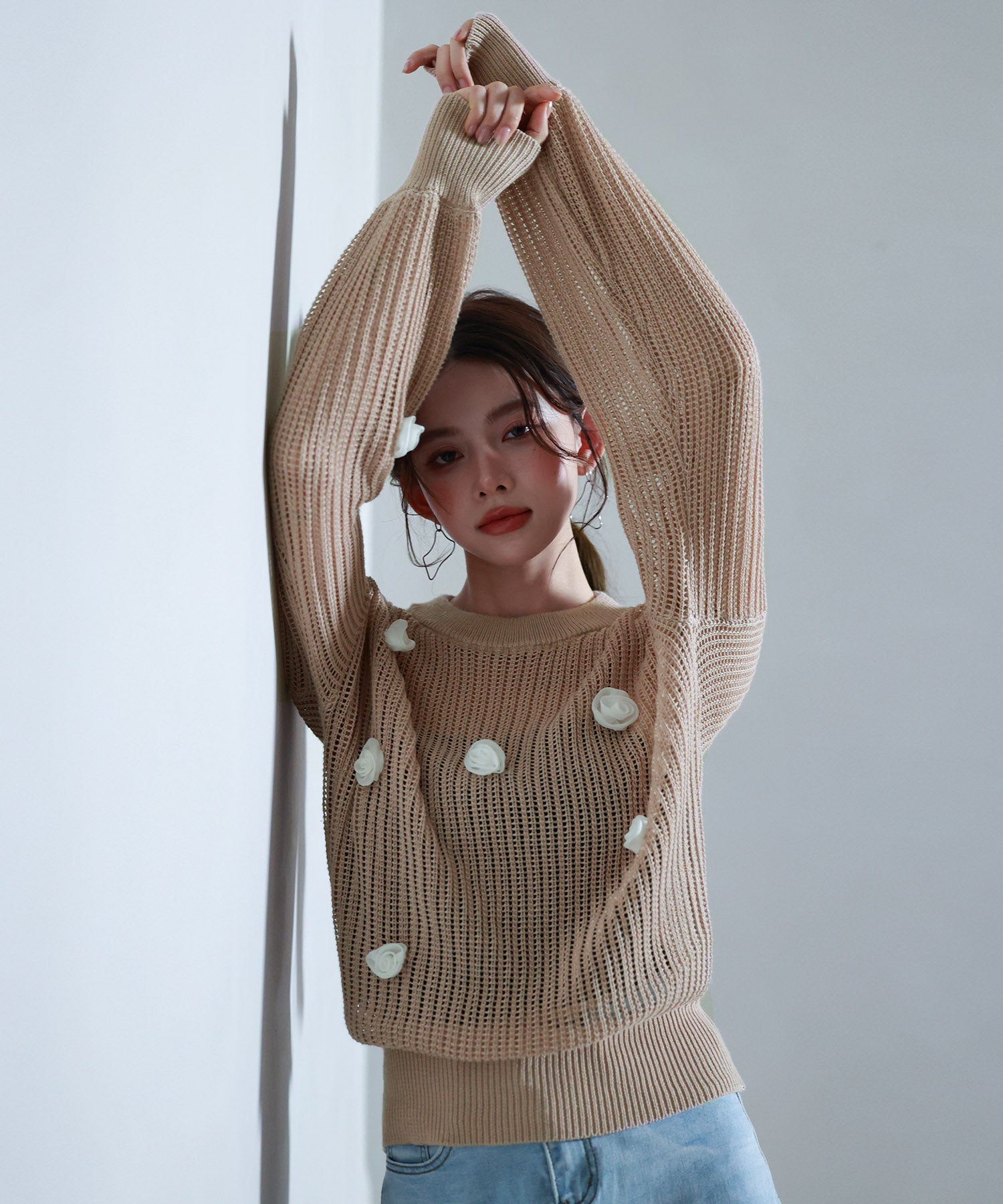 透かし編みモチーフニットプルオーバーsdp8054 サーモンピンク – [公式