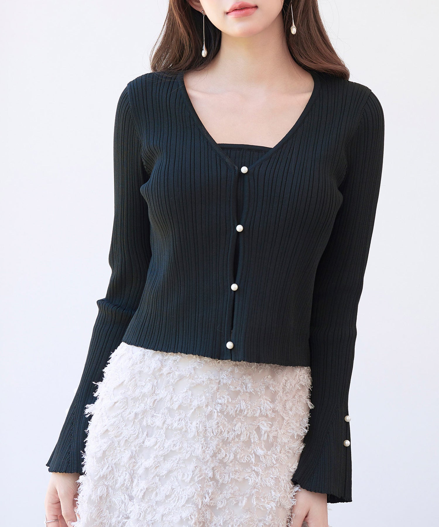 レイヤードランダムリブ編みニットトップスsdp8065 ブラック