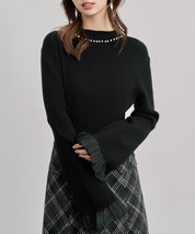 襟パール付リブ編みニットトップス
sdp8069 ブラック