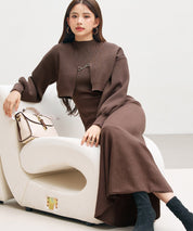 大人カーデ＆ワンピースがアンサンブルになったきれいめマー、マーメイドワンピース ｜ オフィスにぴったり、全3色 × 3サイズ