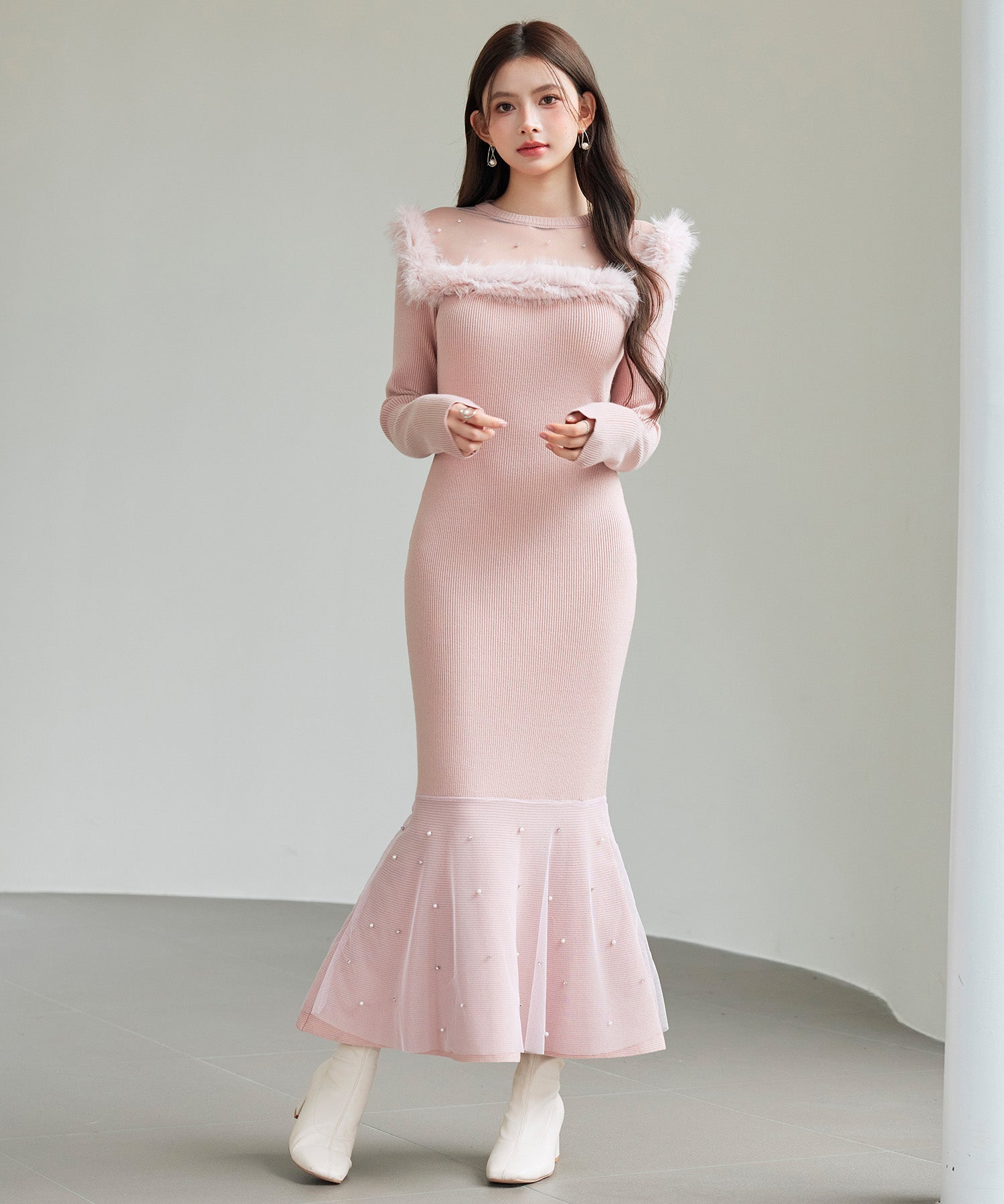 パール付きチュールドッキングマーメイドニットワンピースsdp8076 ピンク