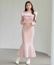 パール付きチュールドッキングマーメイドニットワンピースsdp8076 ピンク
