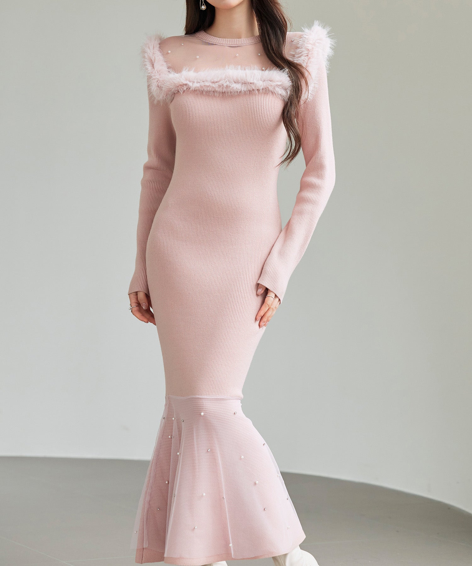 パール付きチュールドッキングマーメイドニットワンピースsdp8076