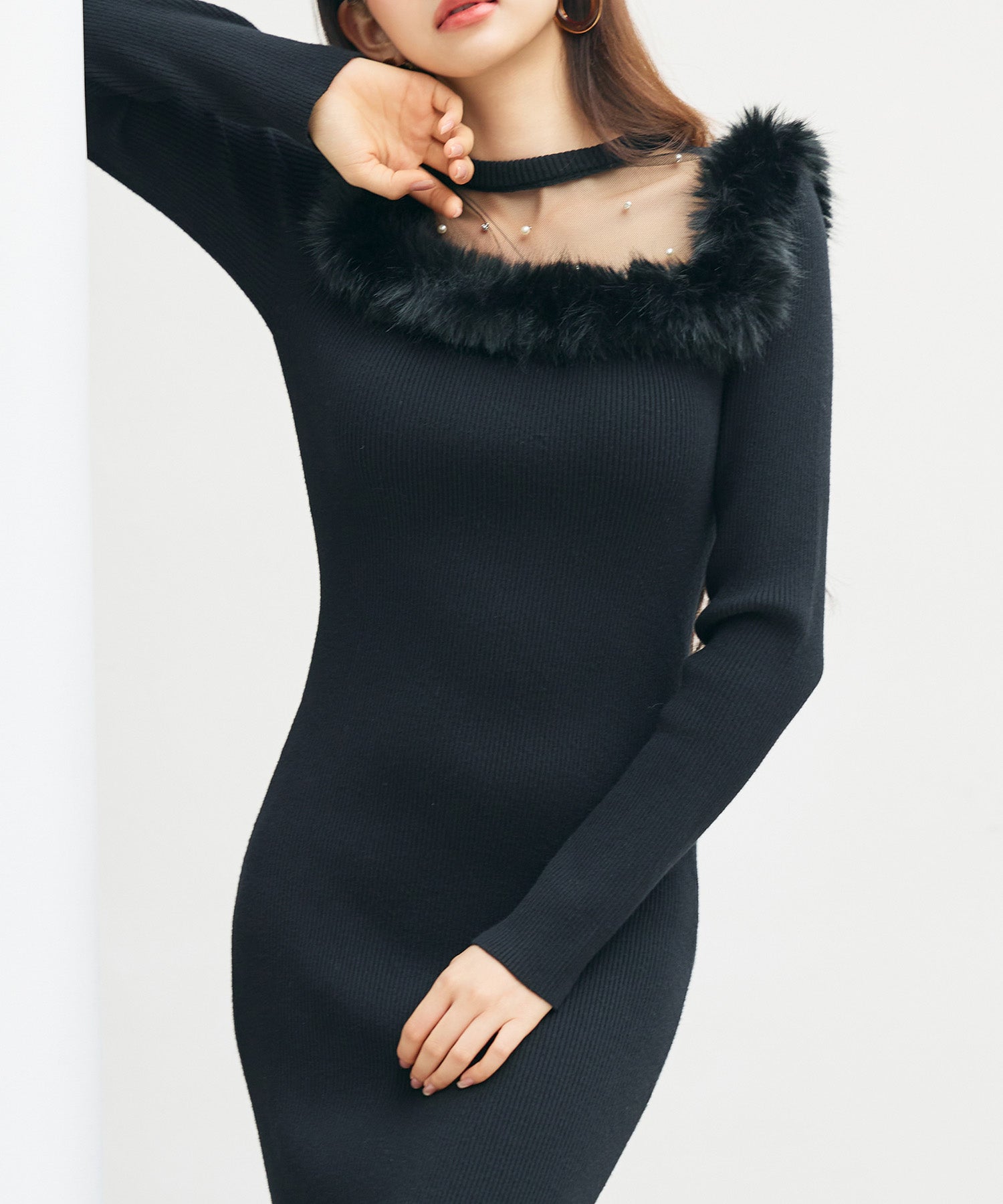 パール付きチュールドッキングマーメイドニットワンピースsdp8076 ブラック