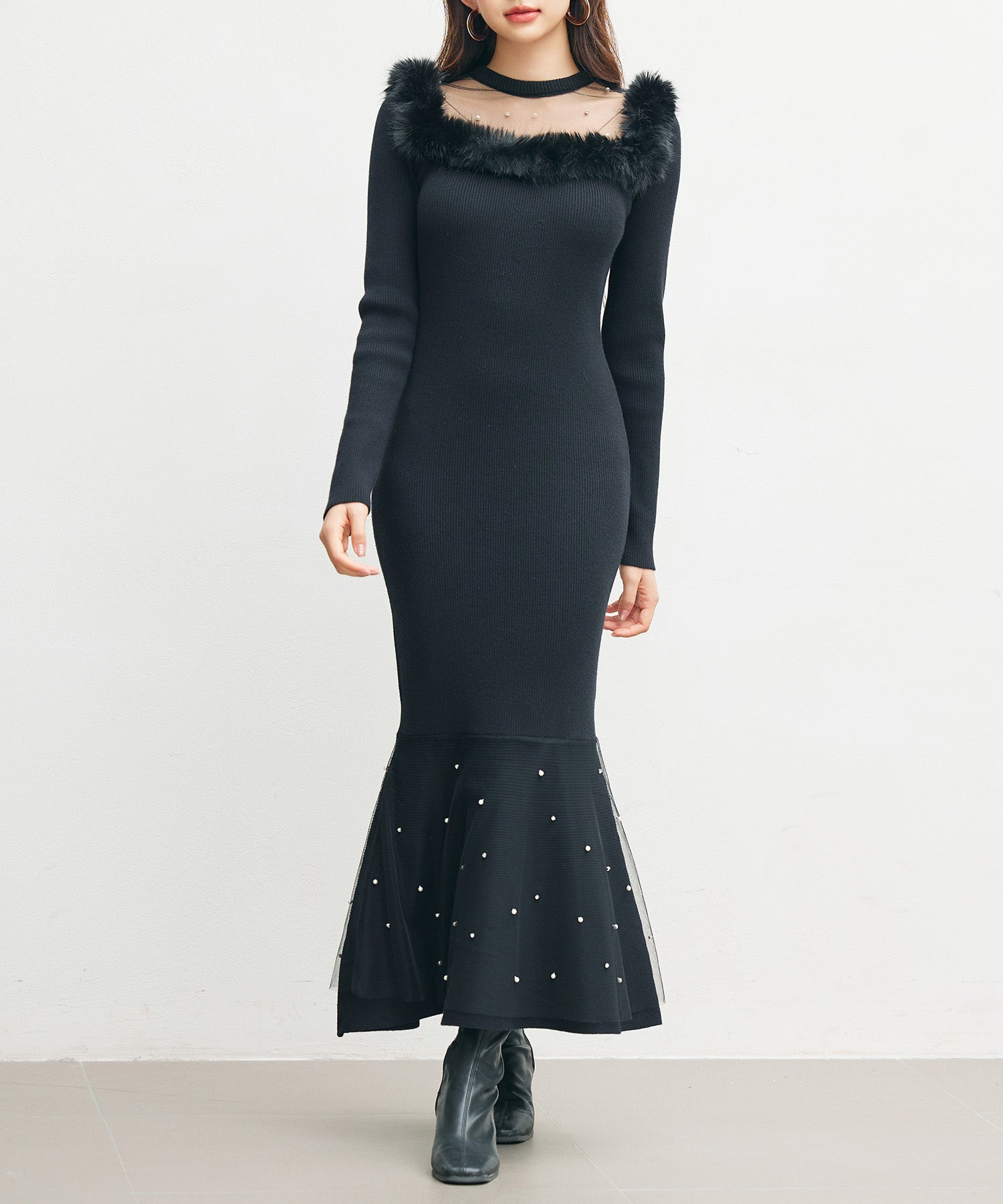 パール付きチュールドッキングマーメイドニットワンピースsdp8076