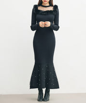 パール付きチュールドッキングマーメイドニットワンピースsdp8076 ブラック