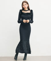 パール付きチュールドッキングマーメイドニットワンピースsdp8076 ブラック