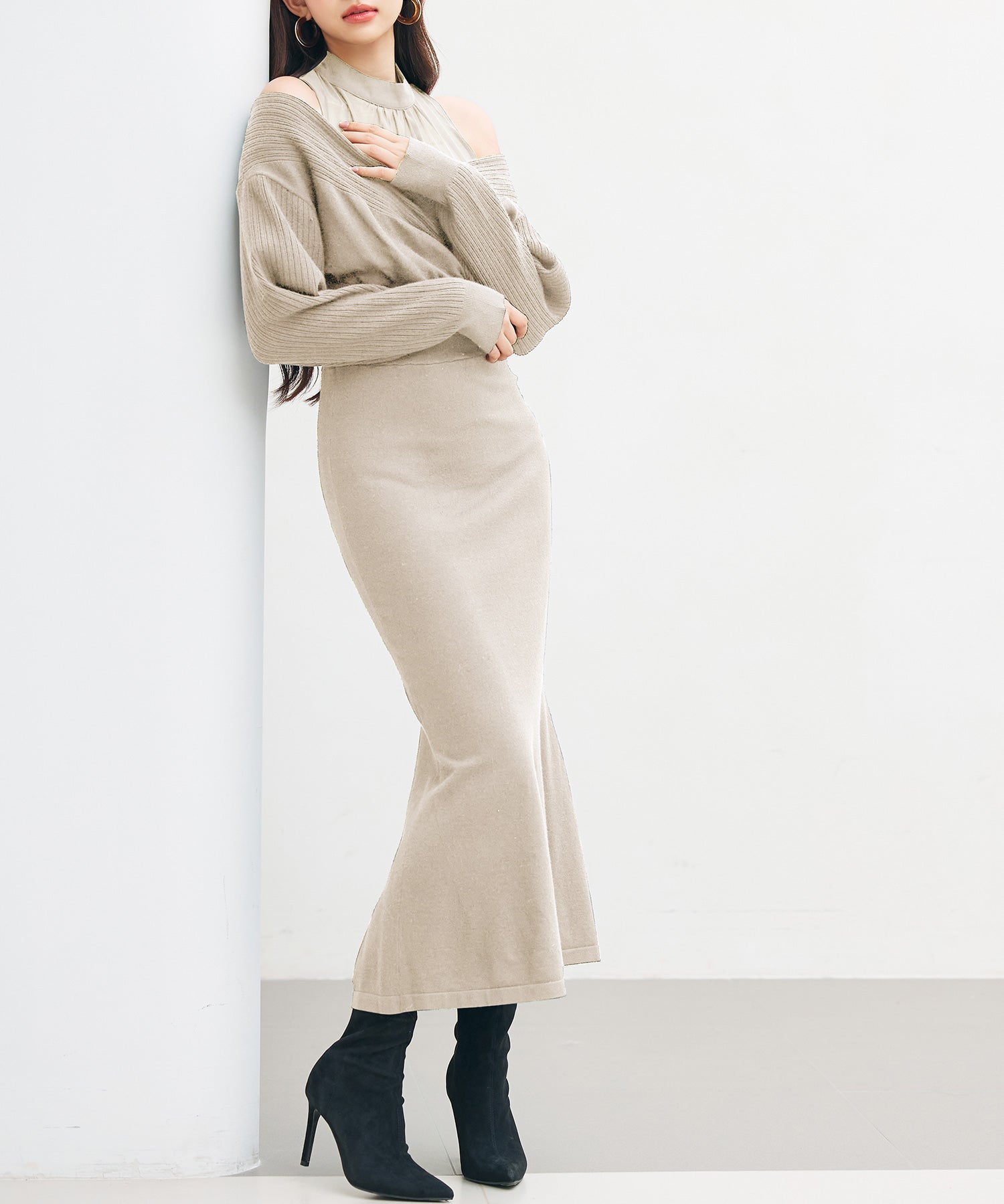 ドッキングカシュクールマーメイドニットワンピースsdp8077 ベージュ