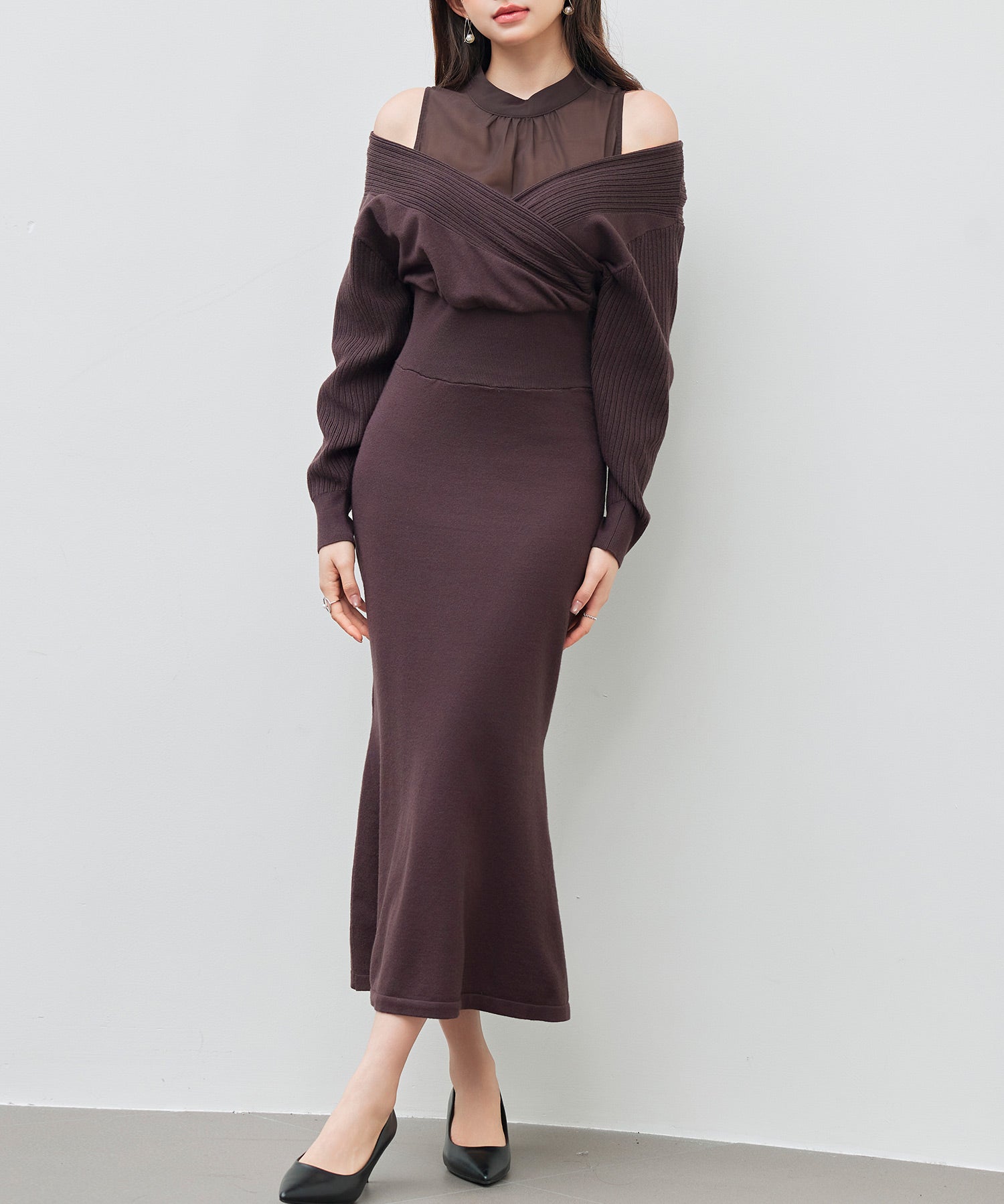 ドッキングカシュクールマーメイドニットワンピースsdp8077 チョコ