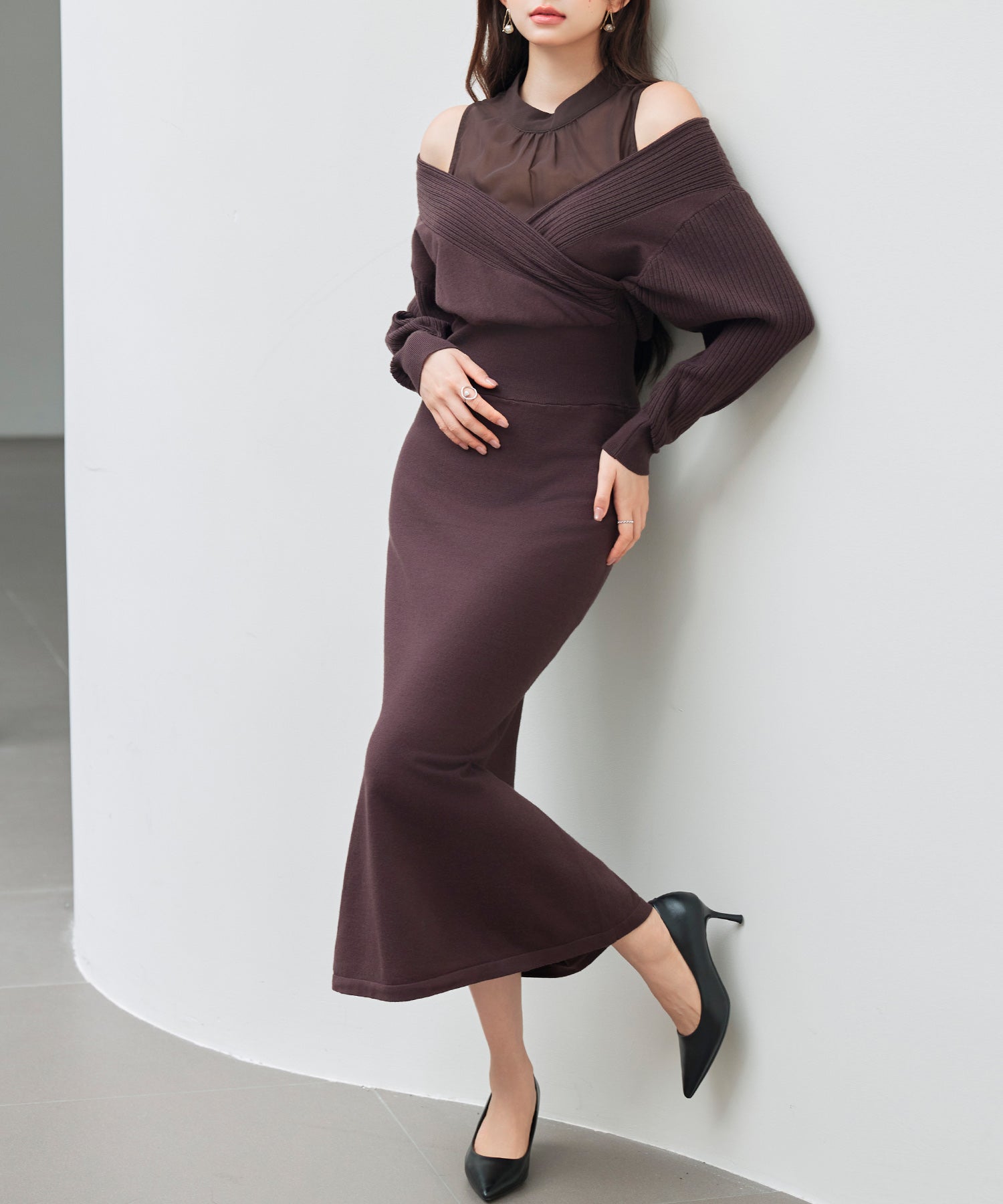 ドッキングカシュクールマーメイドニットワンピースsdp8077 チョコ