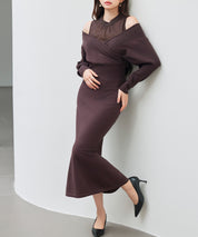 ドッキングカシュクールマーメイドニットワンピースsdp8077 チョコ