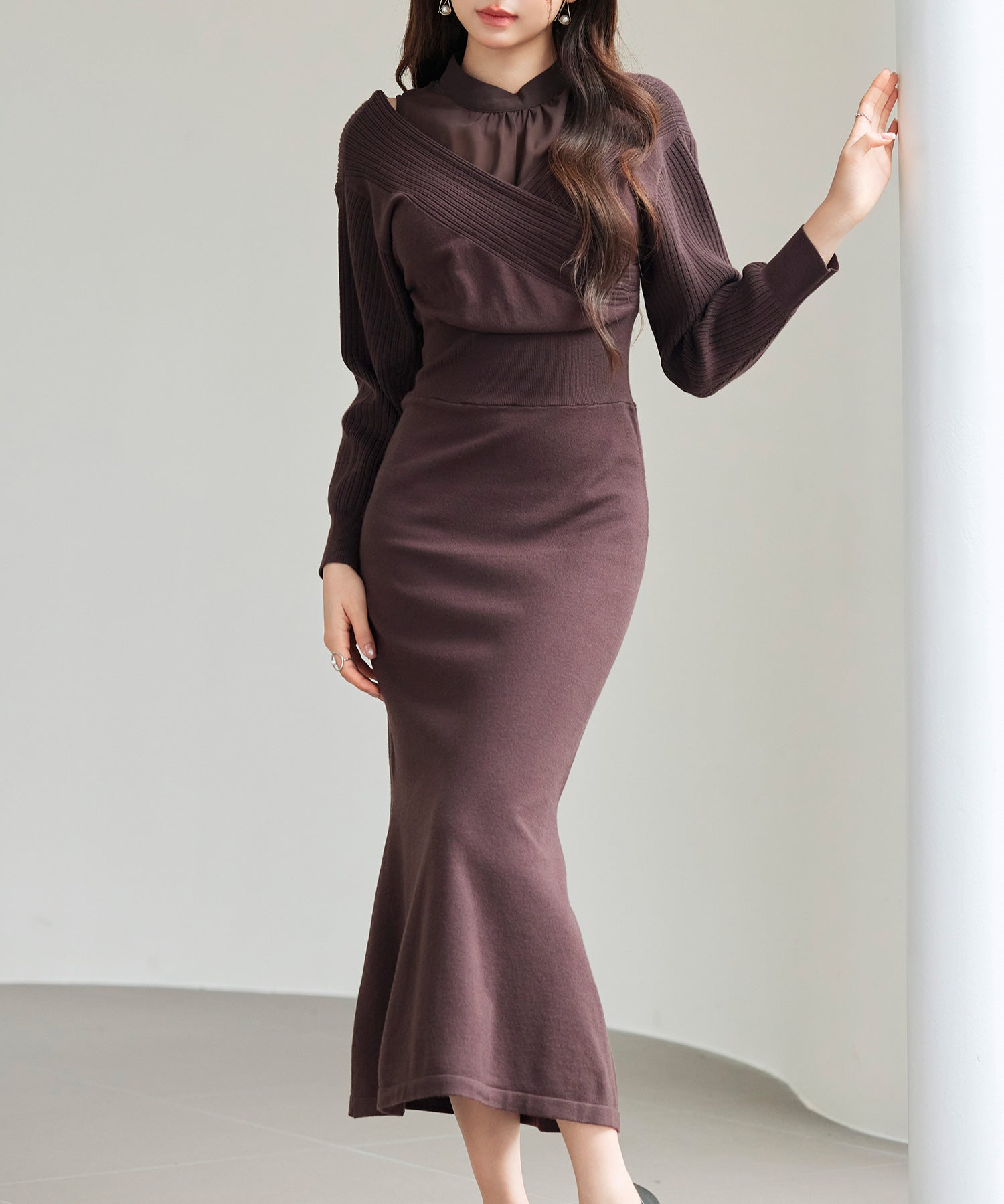 ドッキングカシュクールマーメイドニットワンピースsdp8077 チョコ