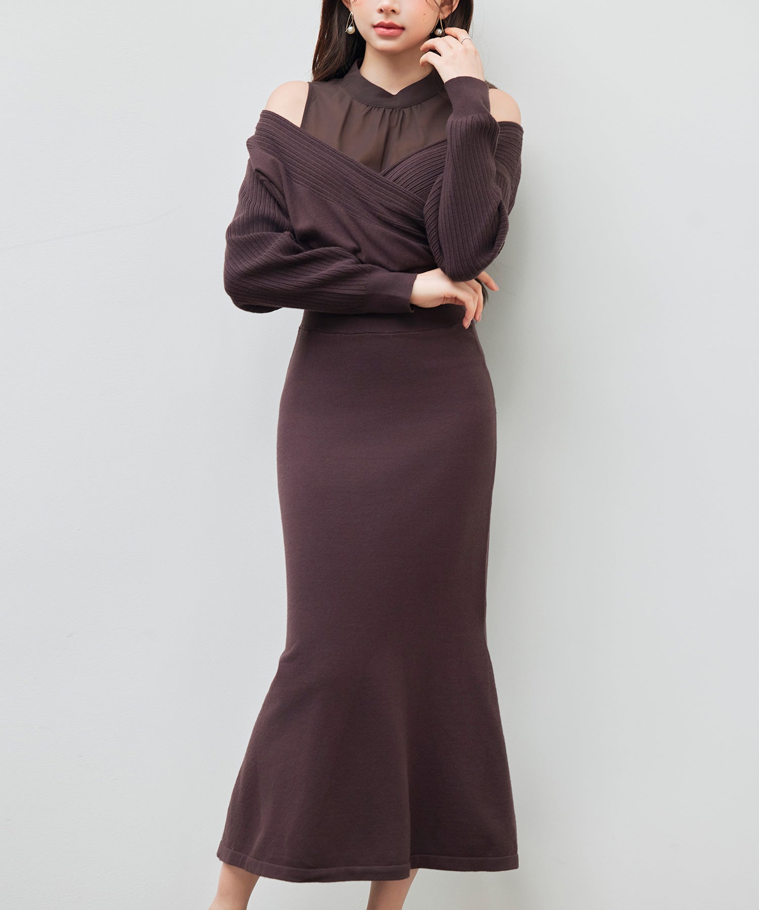 ドッキングカシュクールマーメイドニットワンピースsdp8077 チョコ