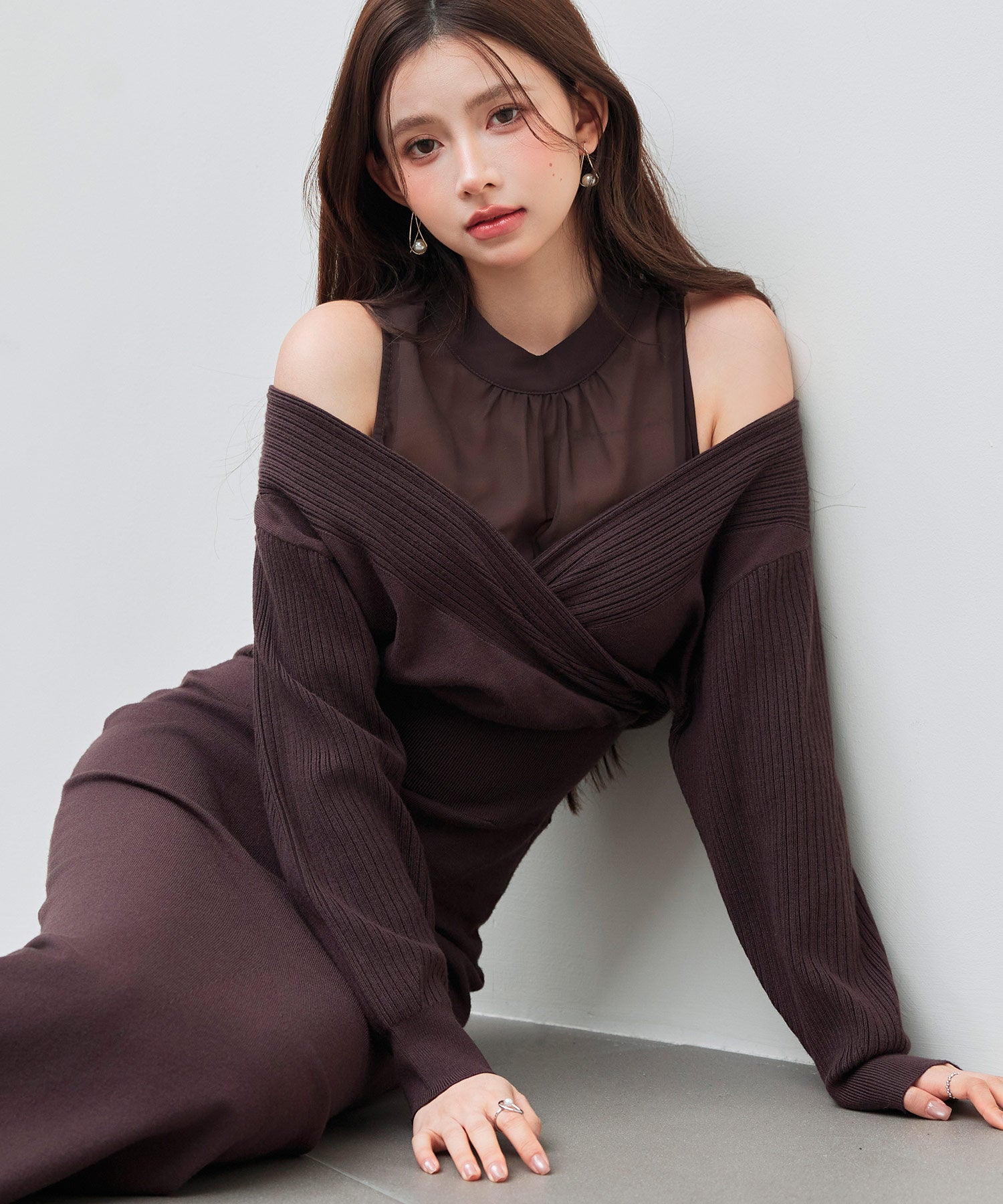 ドッキングカシュクールマーメイドニットワンピースsdp8077 チョコ