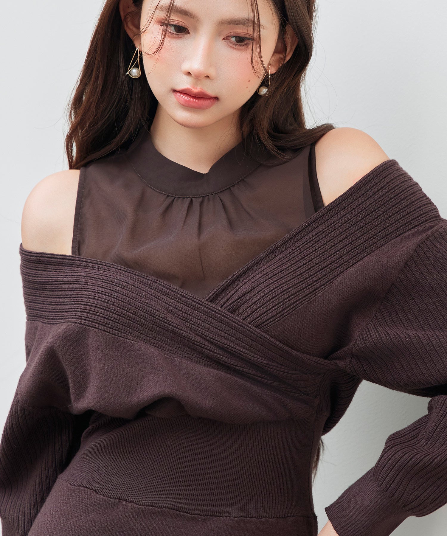 ドッキングカシュクールマーメイドニットワンピースsdp8077 チョコ