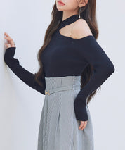 オブリーク・ネック風ニットトッブス ｜ 全3色 × 3サイズ