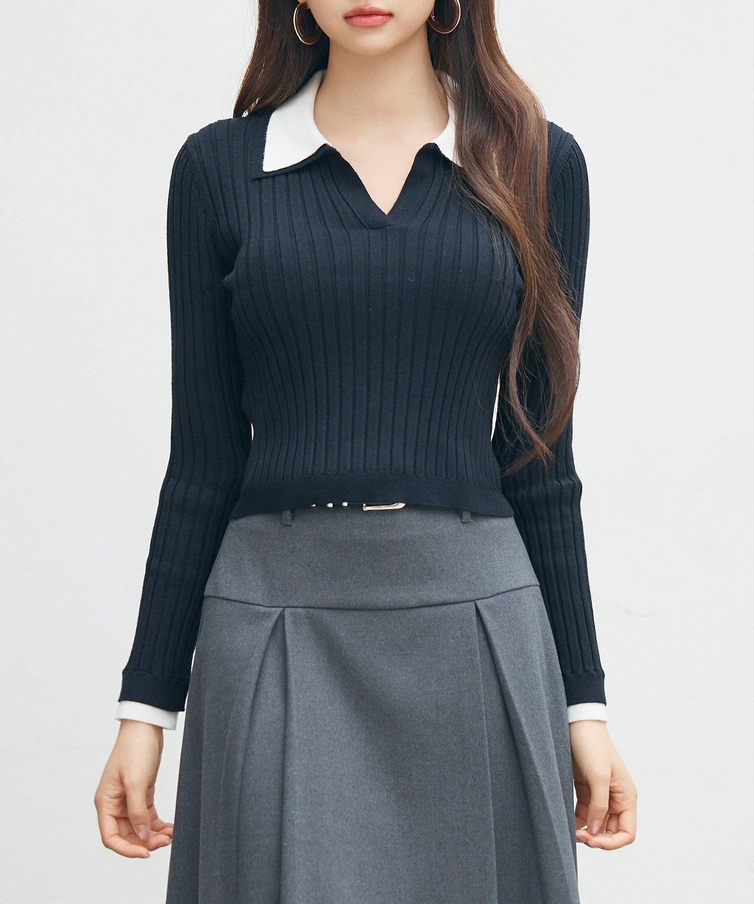 デサントダークグレー 立ち襟セーター セール】【洗える】重ね着風ニットトップス（ニット/セーター