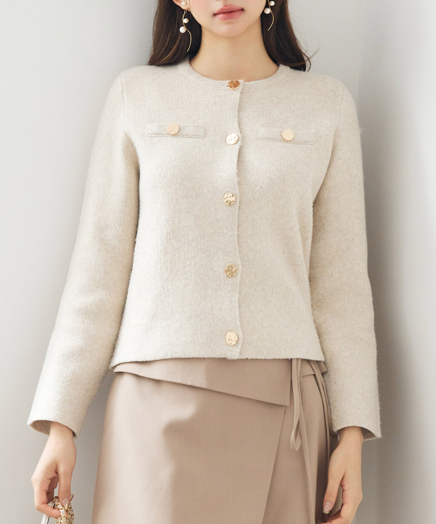 ノーカラーショート丈ニットカーディガンsdp8092 ベージュ