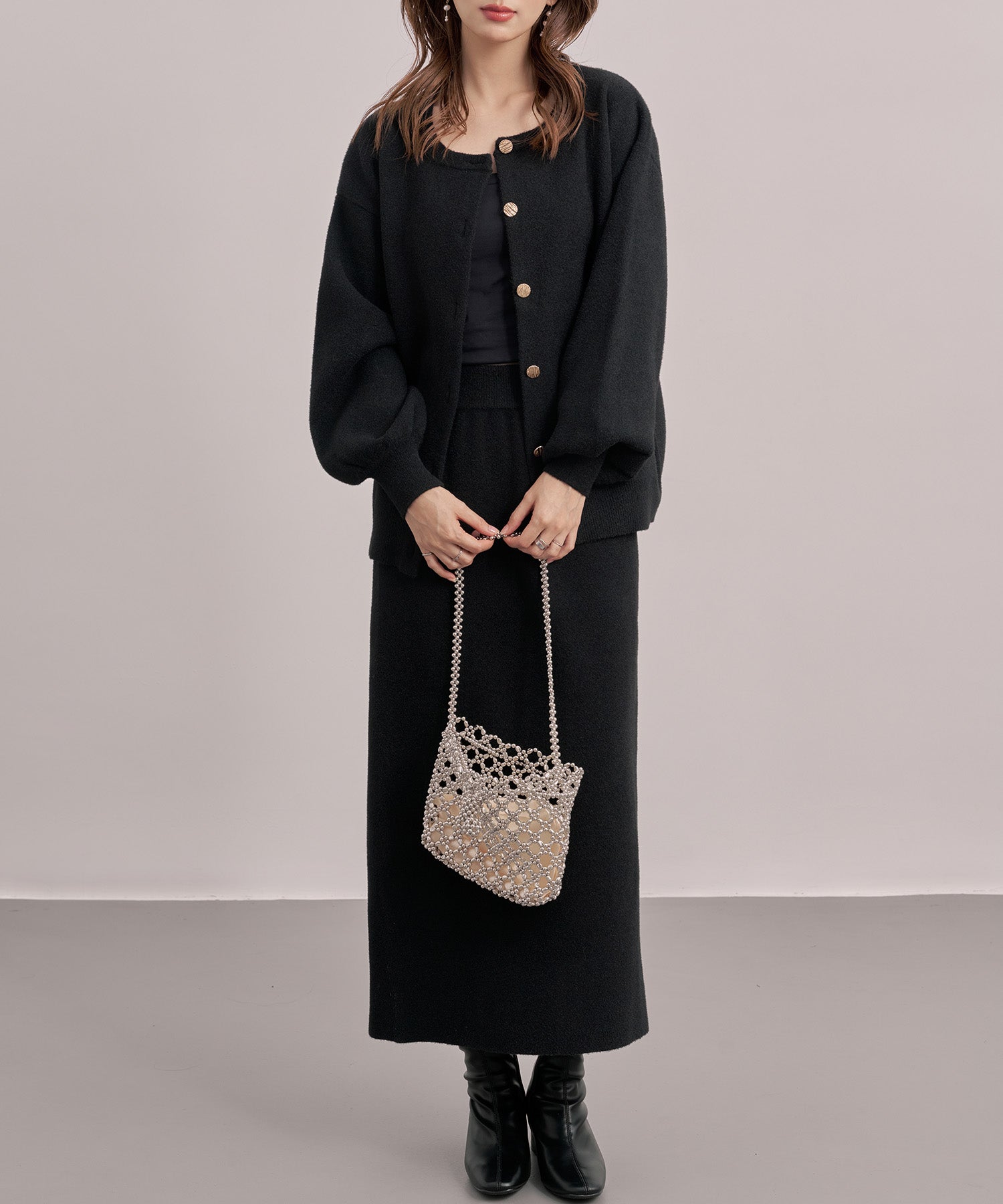 カーディガン×スカートニットセットアップsdp8095 ブラック – [公式