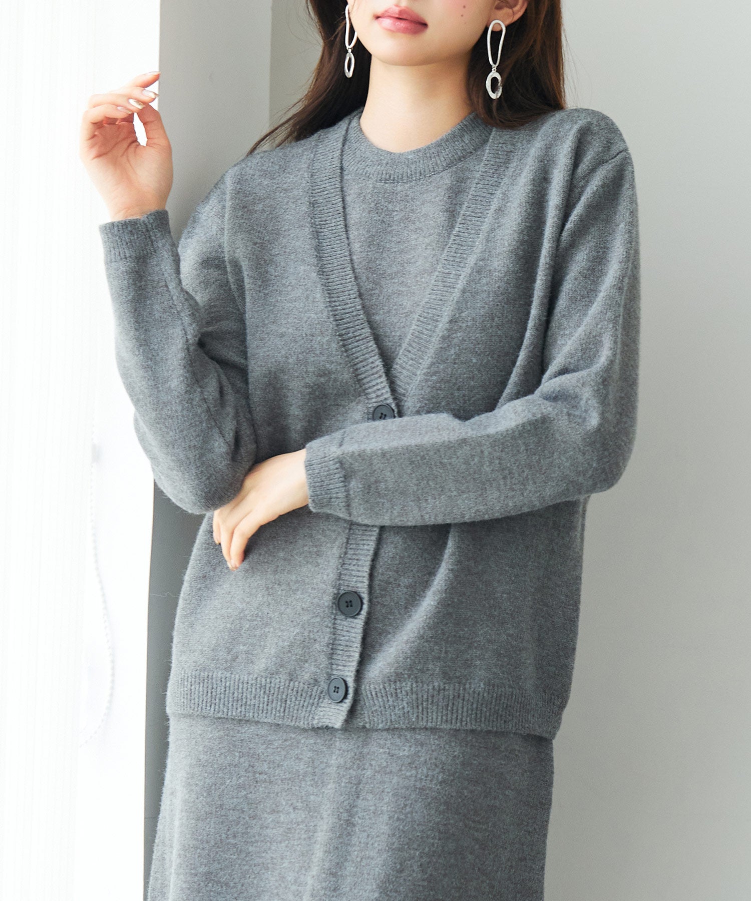 ワンピーとカーディのニットセットアップ/アンサンブルsdp8106 グレー