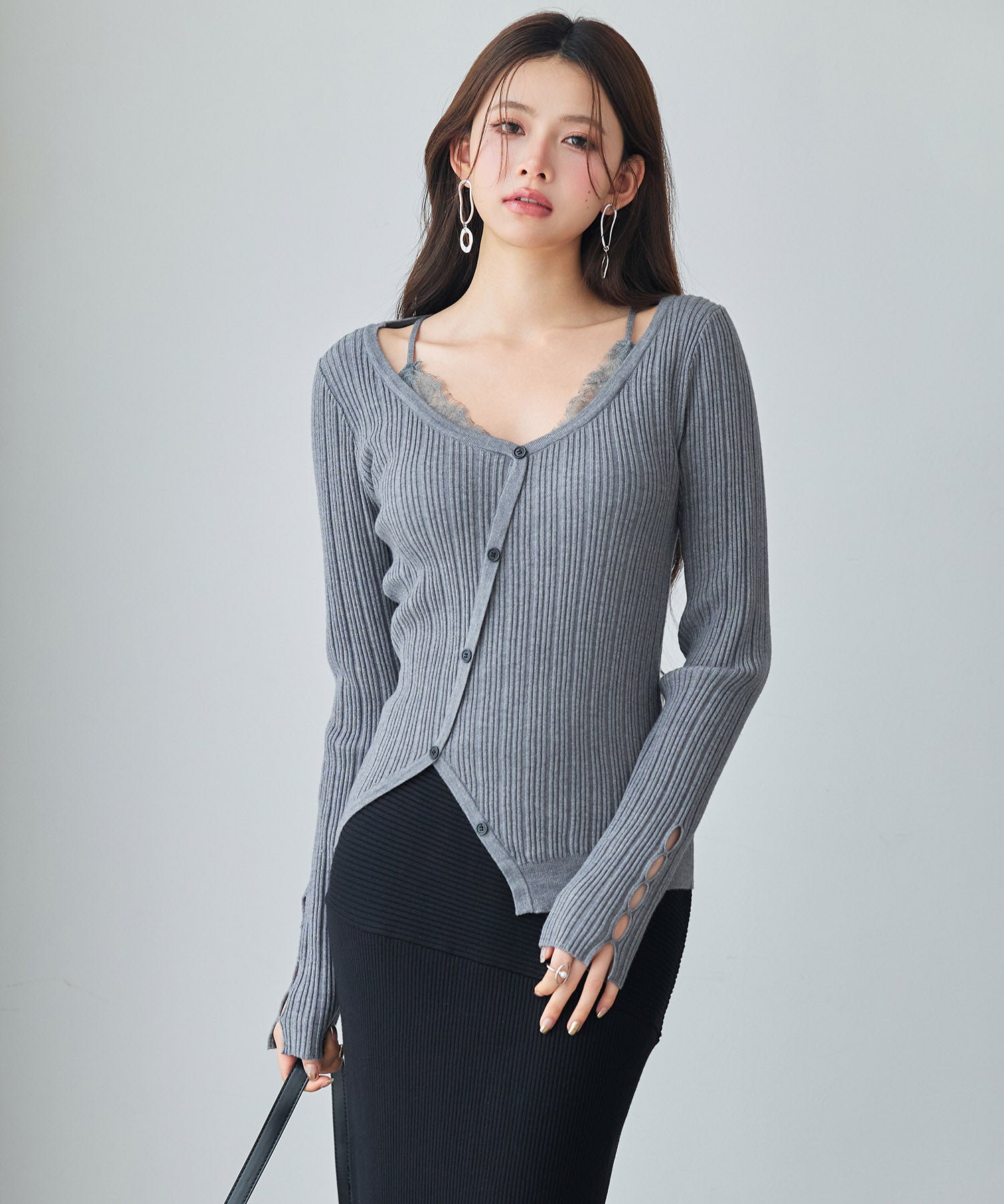 ランダムテレコ編み2枚風ニットトッブスsdp8112 グレー