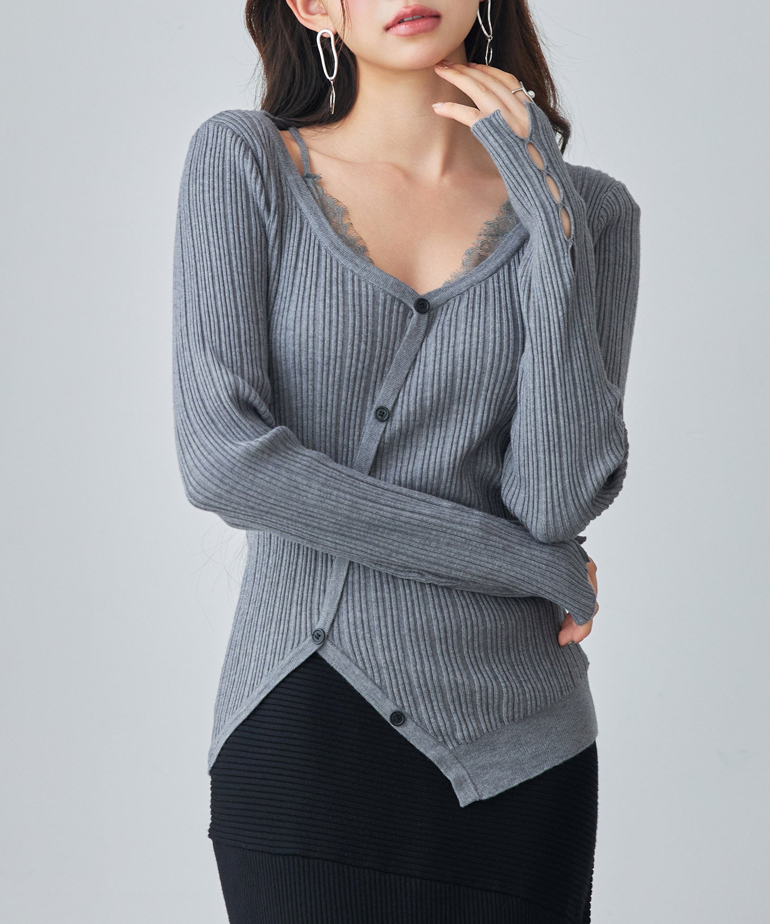 ランダムテレコ編み2枚風ニットトッブスsdp8112 グレー