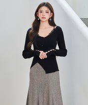 ランダムテレコ編み2枚風ニットトッブスsdp8112 ブラック