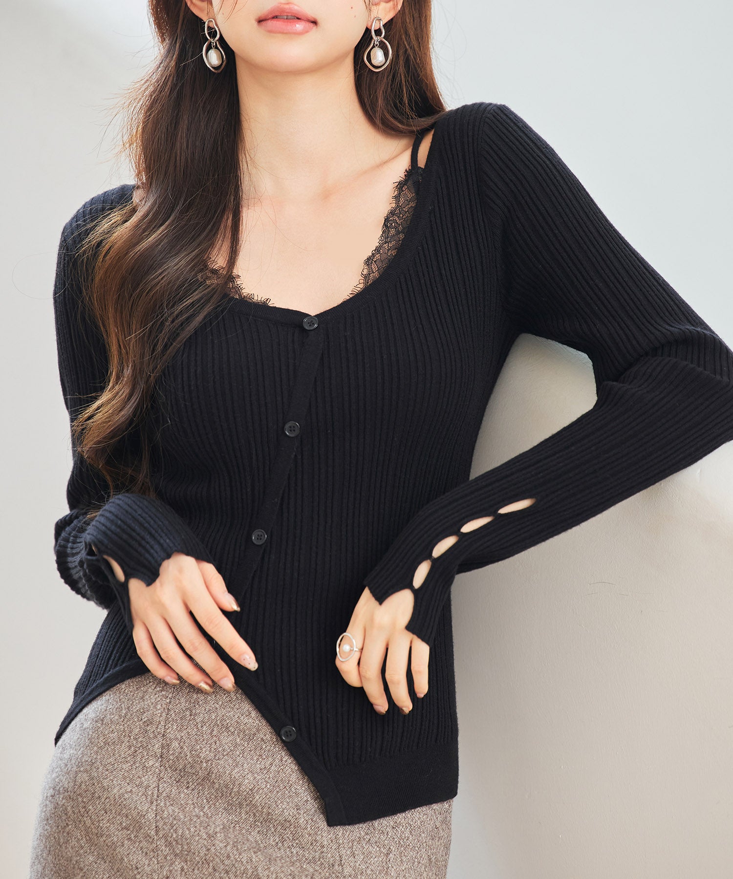 ランダムテレコ編み2枚風ニットトッブスsdp8112 ブラック