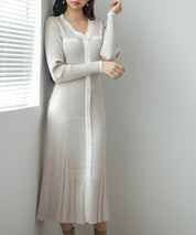 配色リブ編みニットミディ丈ワンピースsdp8116 ベージュ