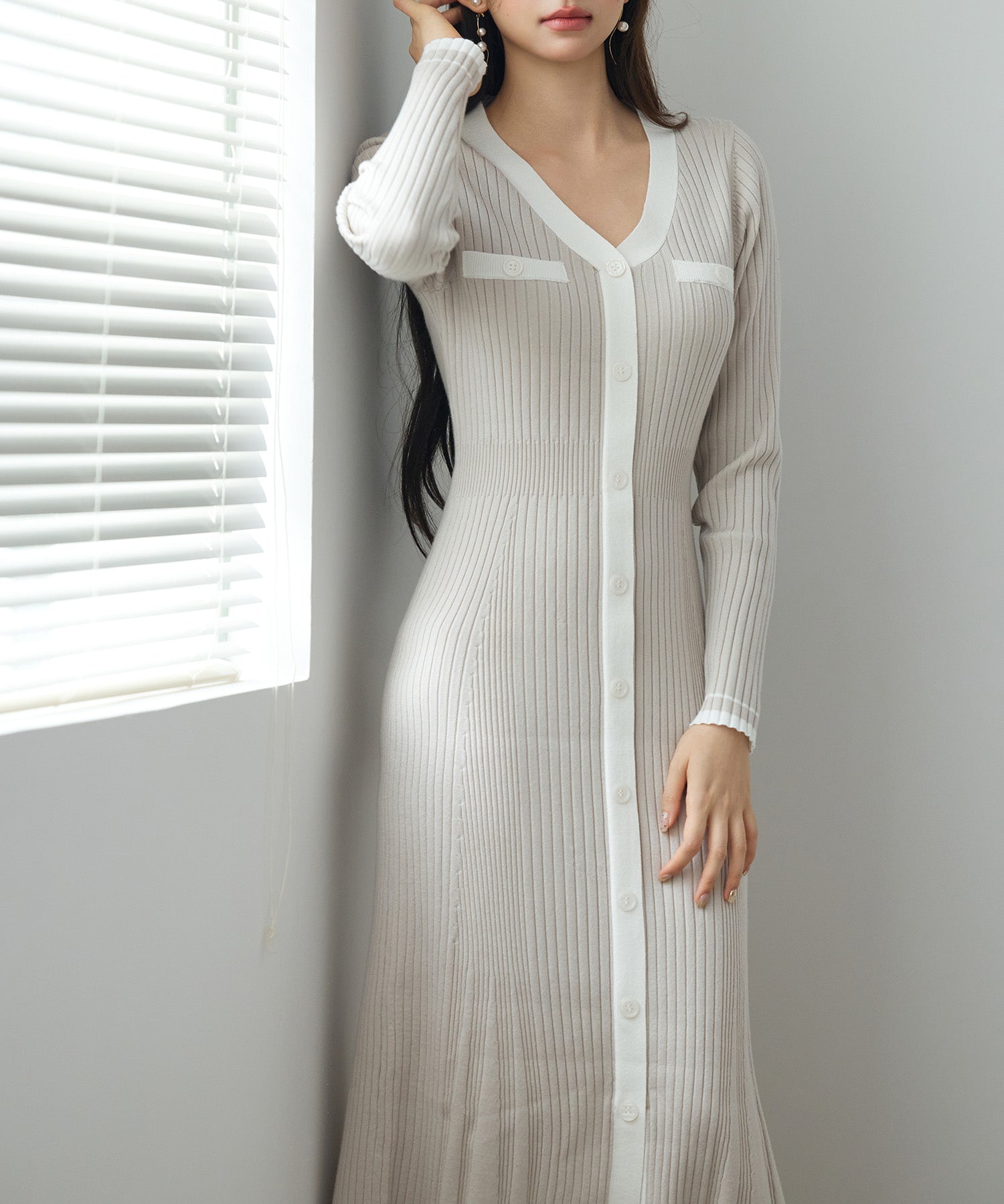 配色リブ編みニットミディ丈ワンピースsdp8116 ベージュ