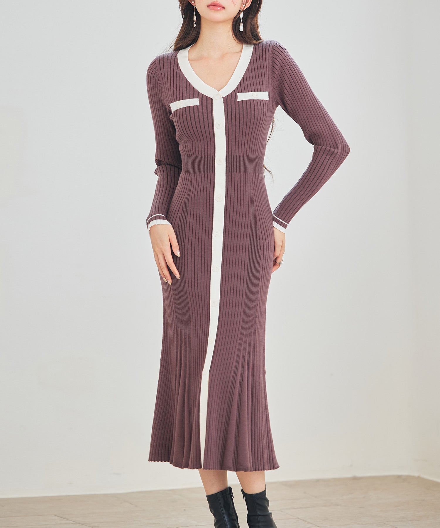 配色リブ編みニットミディ丈ワンピースsdp8116-103-157