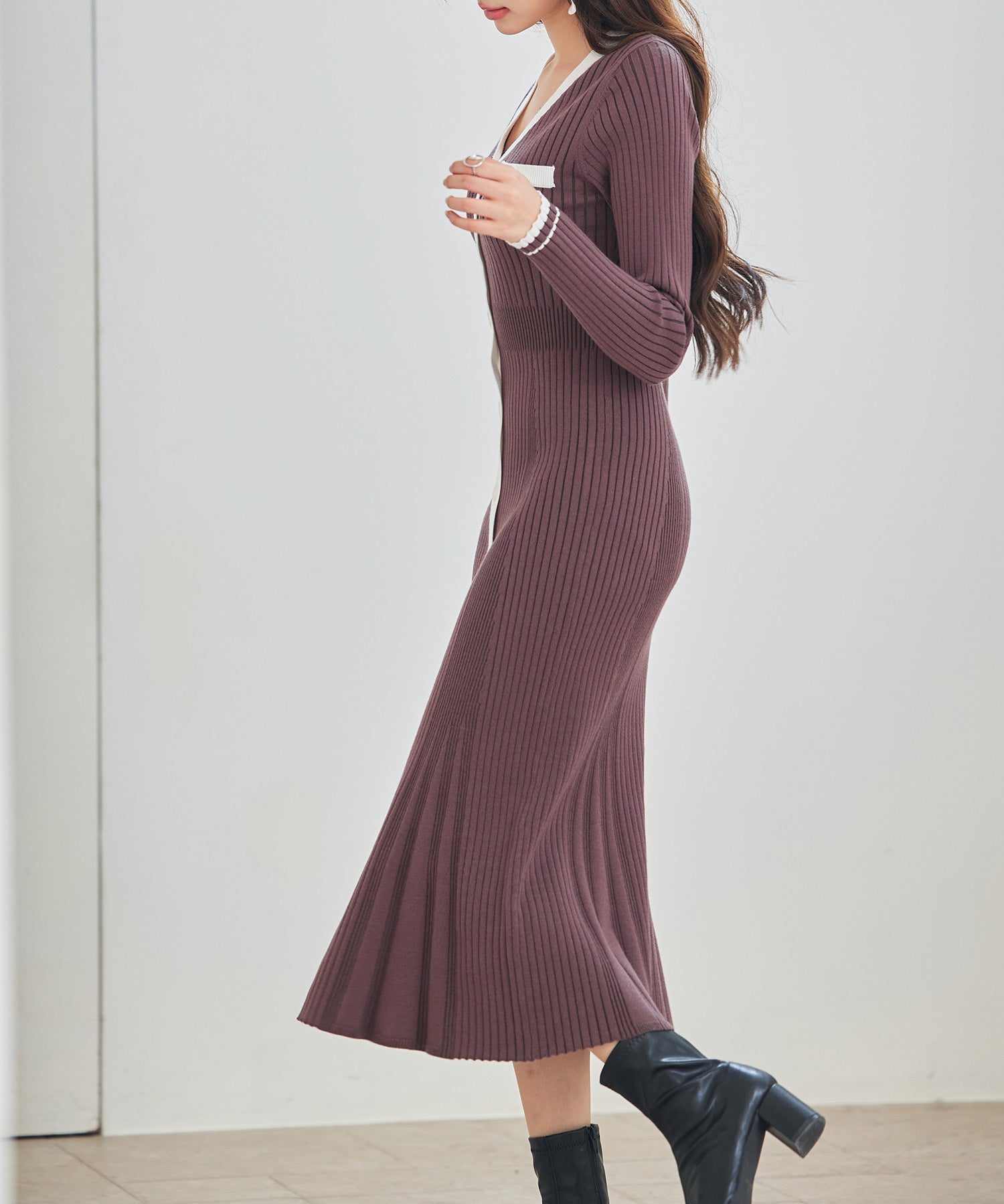 配色リブ編みニットミディ丈ワンピースsdp8116 チョコ