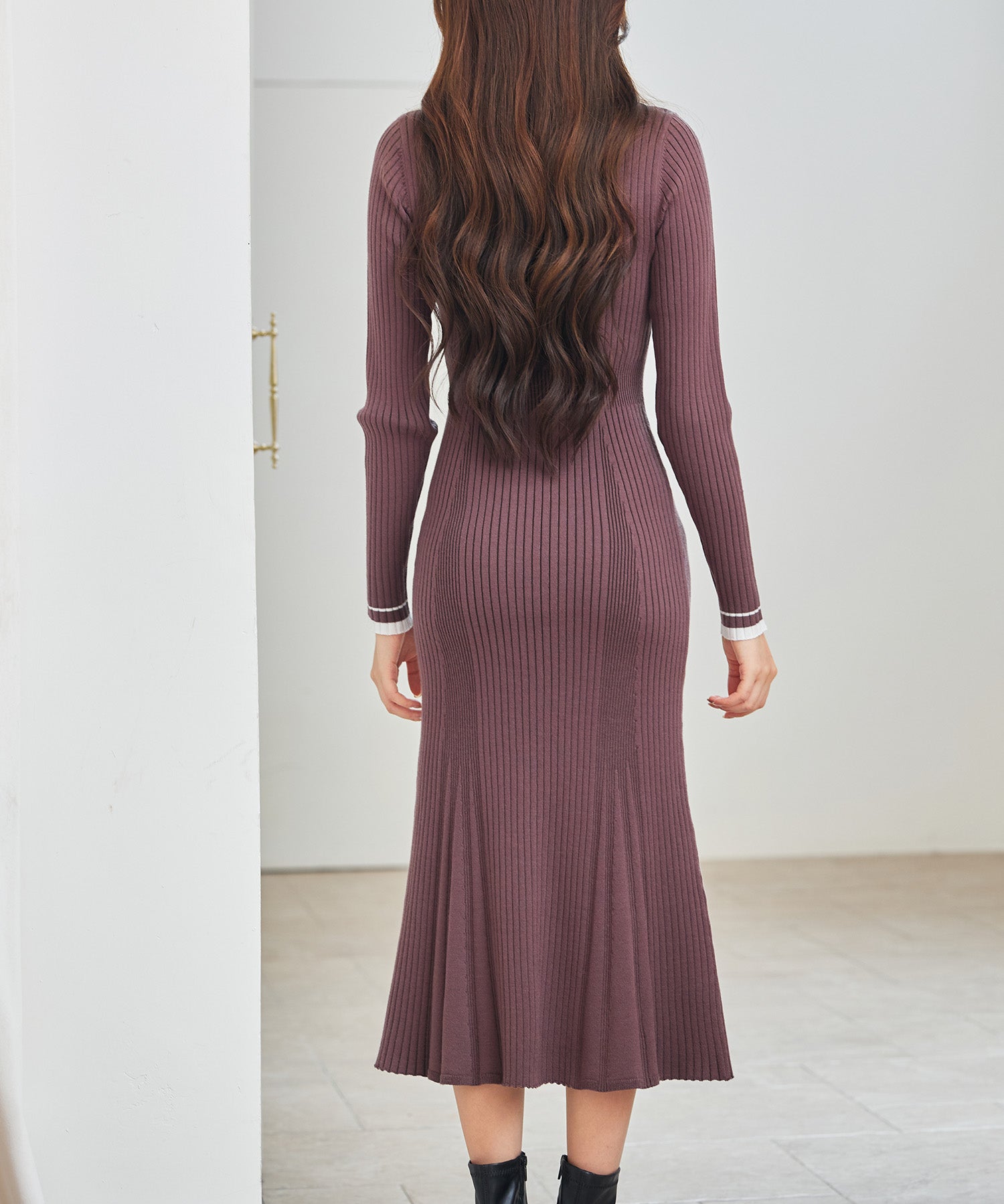 配色リブ編みニットミディ丈ワンピースsdp8116 チョコ