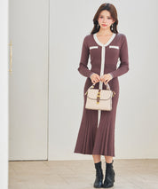 配色リブ編みニットミディ丈ワンピースsdp8116 チョコ