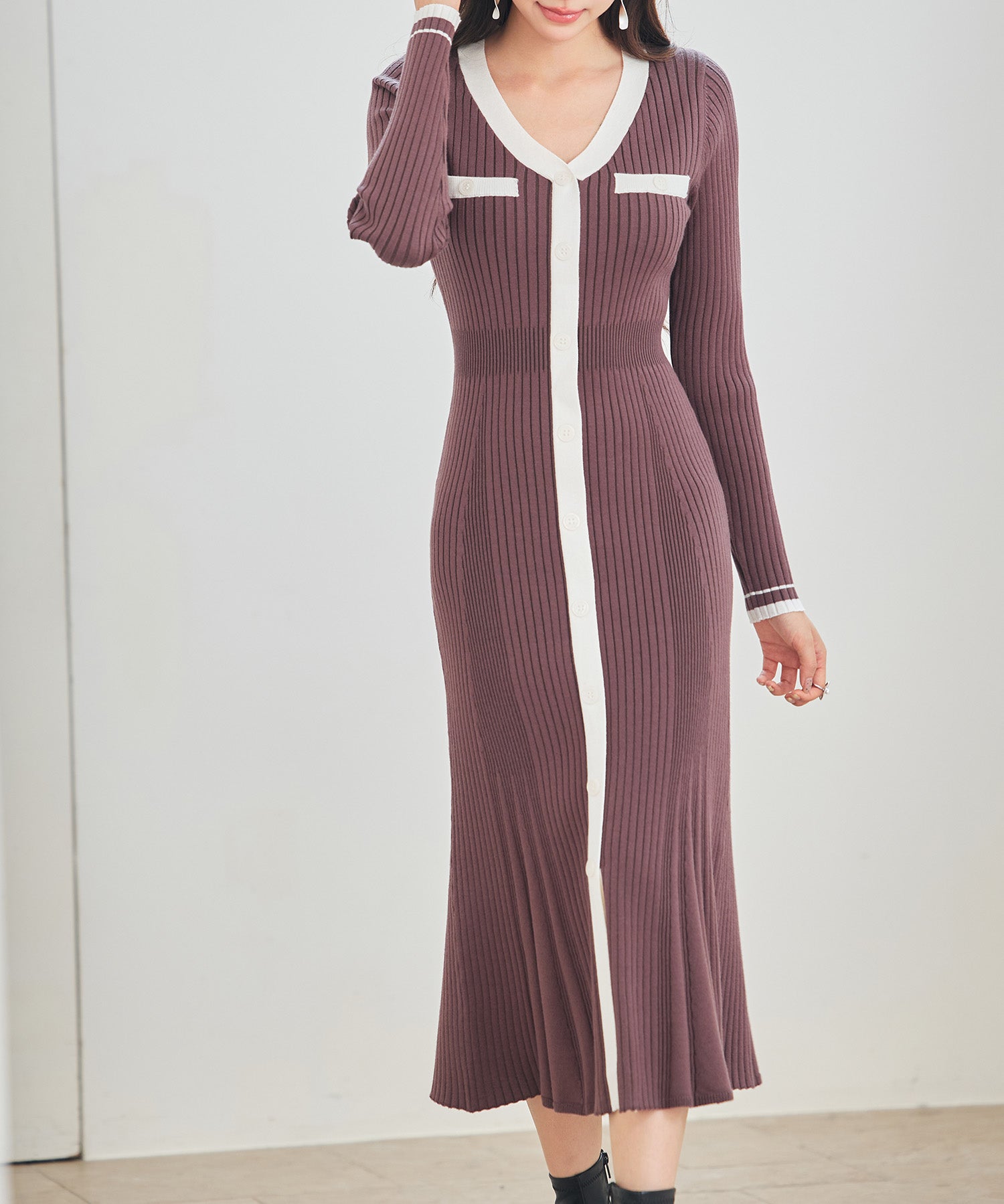 配色リブ編みニットミディ丈ワンピースsdp8116 チョコ