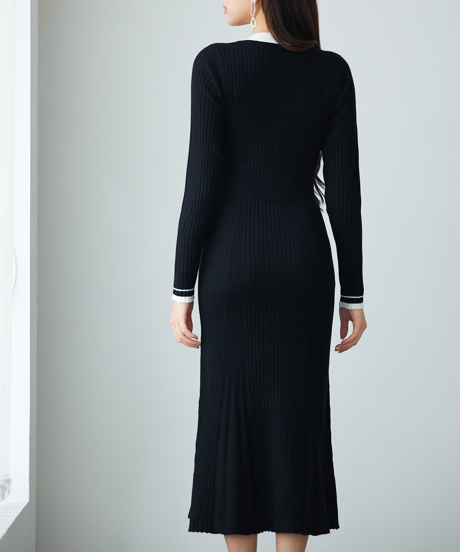 配色リブ編みニットミディ丈ワンピースsdp8116 ブラック