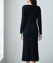 配色リブ編みニットミディ丈ワンピースsdp8116 ブラック