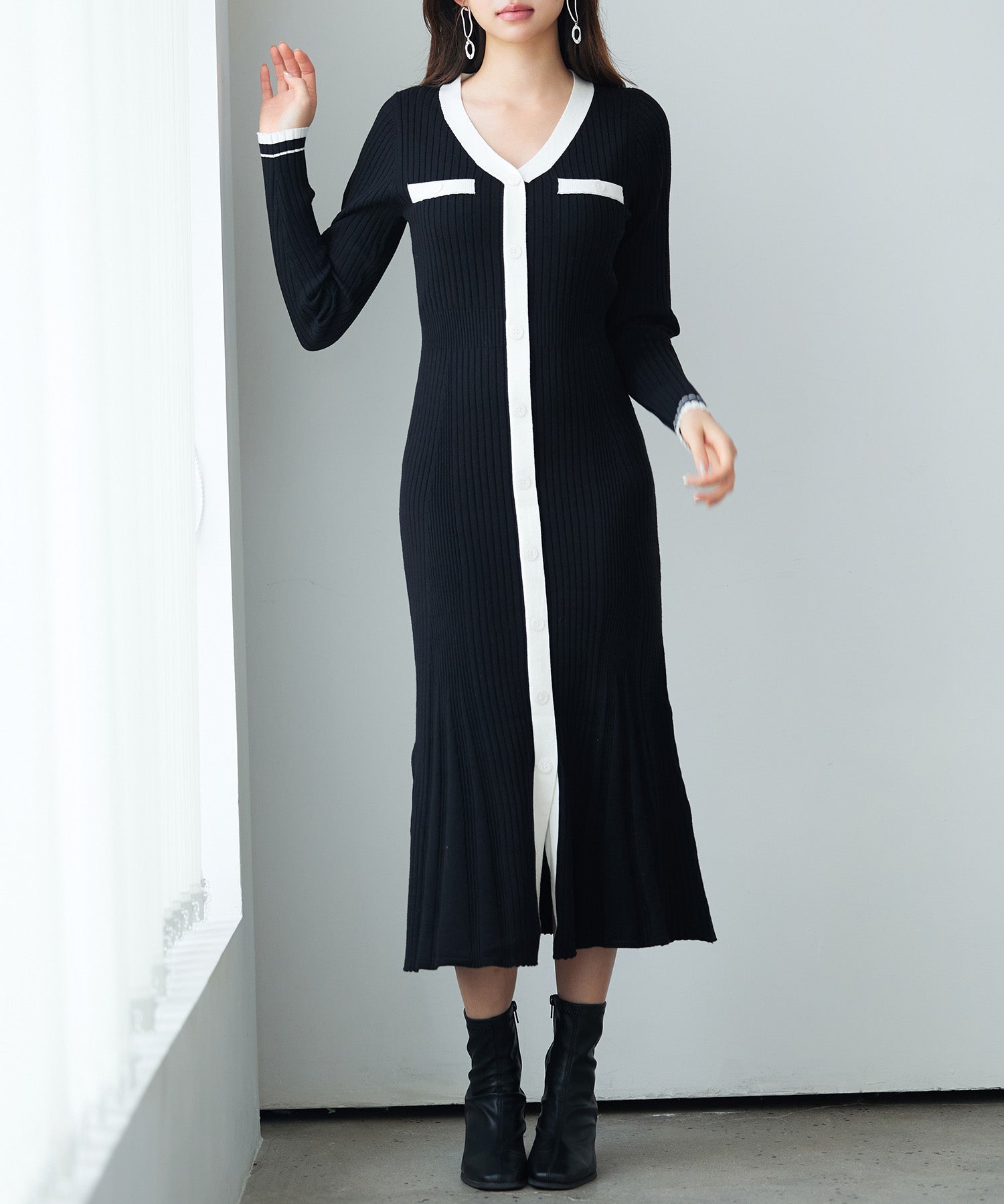 配色リブ編みニットミディ丈ワンピースsdp8116 ブラック