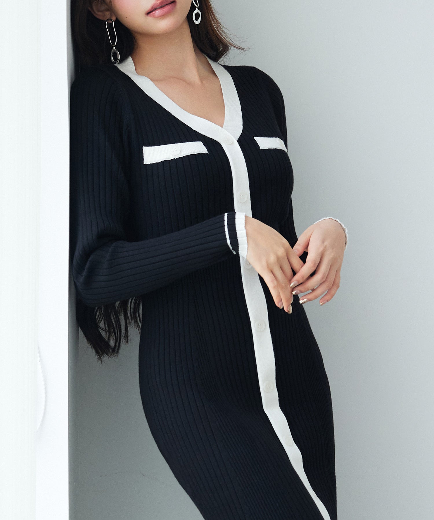 配色リブ編みニットミディ丈ワンピースsdp8116 ブラック