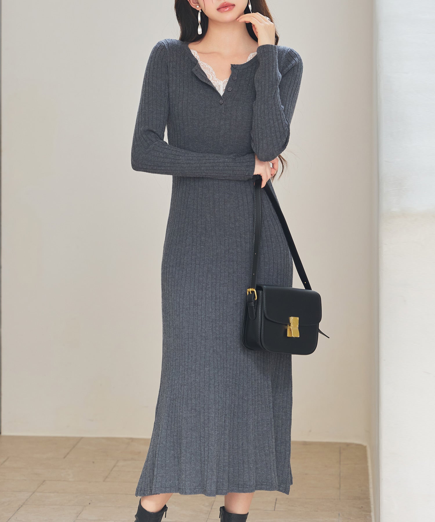 リブ編みレース付きニットワンピースsdp8117 グレー – [公式]SAISON DE