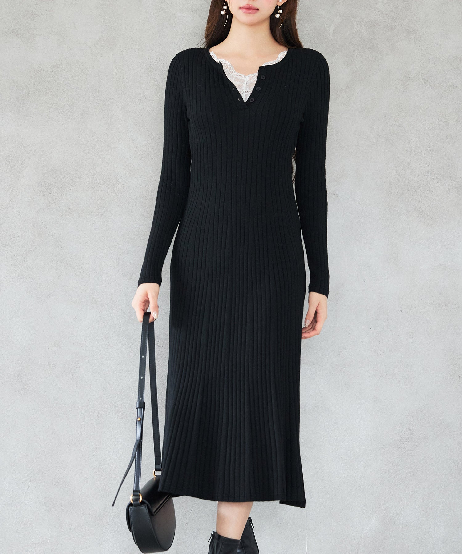 リブ編みレース付きニットワンピース ｜ 全3色 × 2サイズ