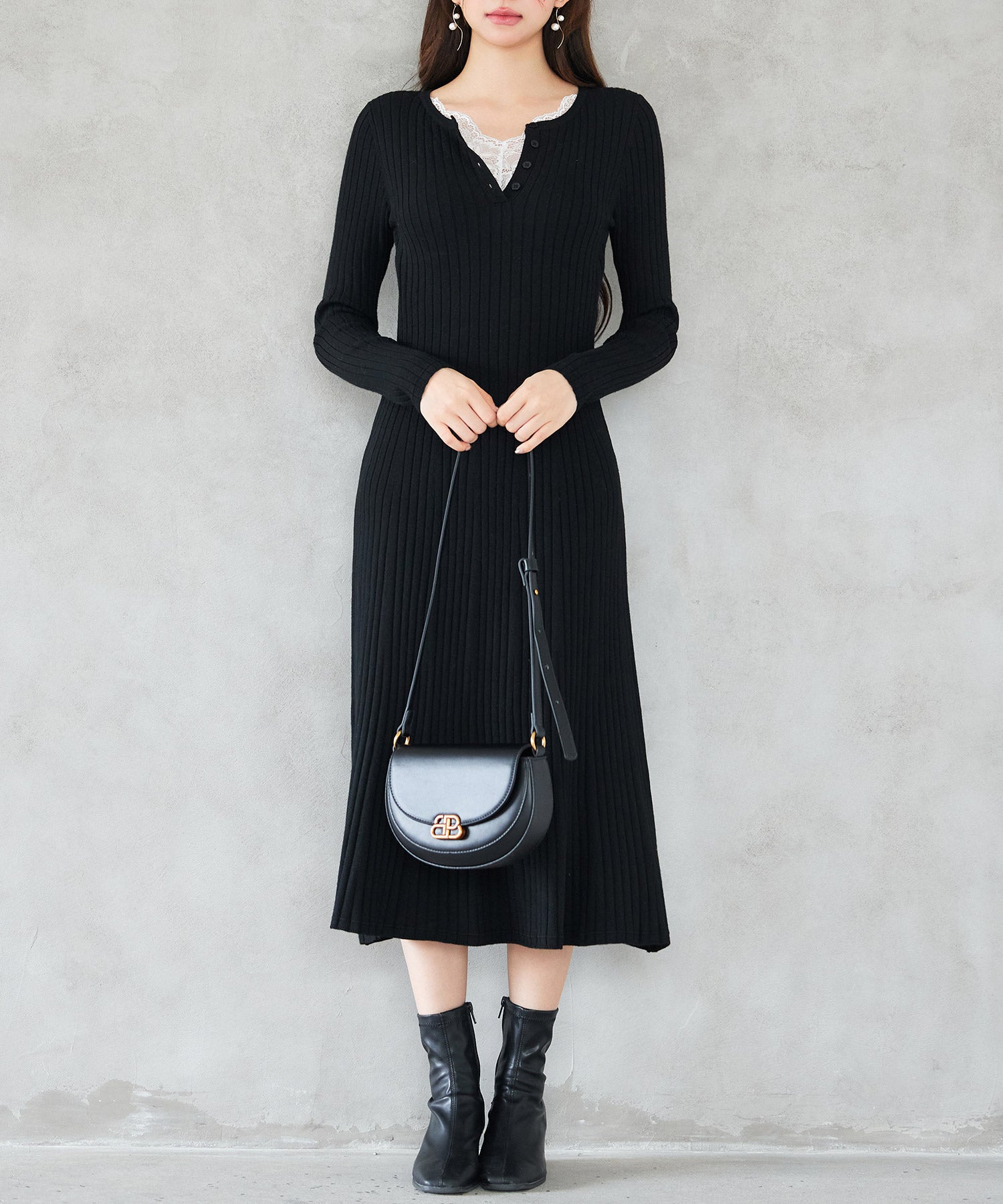 リブ編みレース付きニットワンピースsdp8117 ブラック – [公式]SAISON