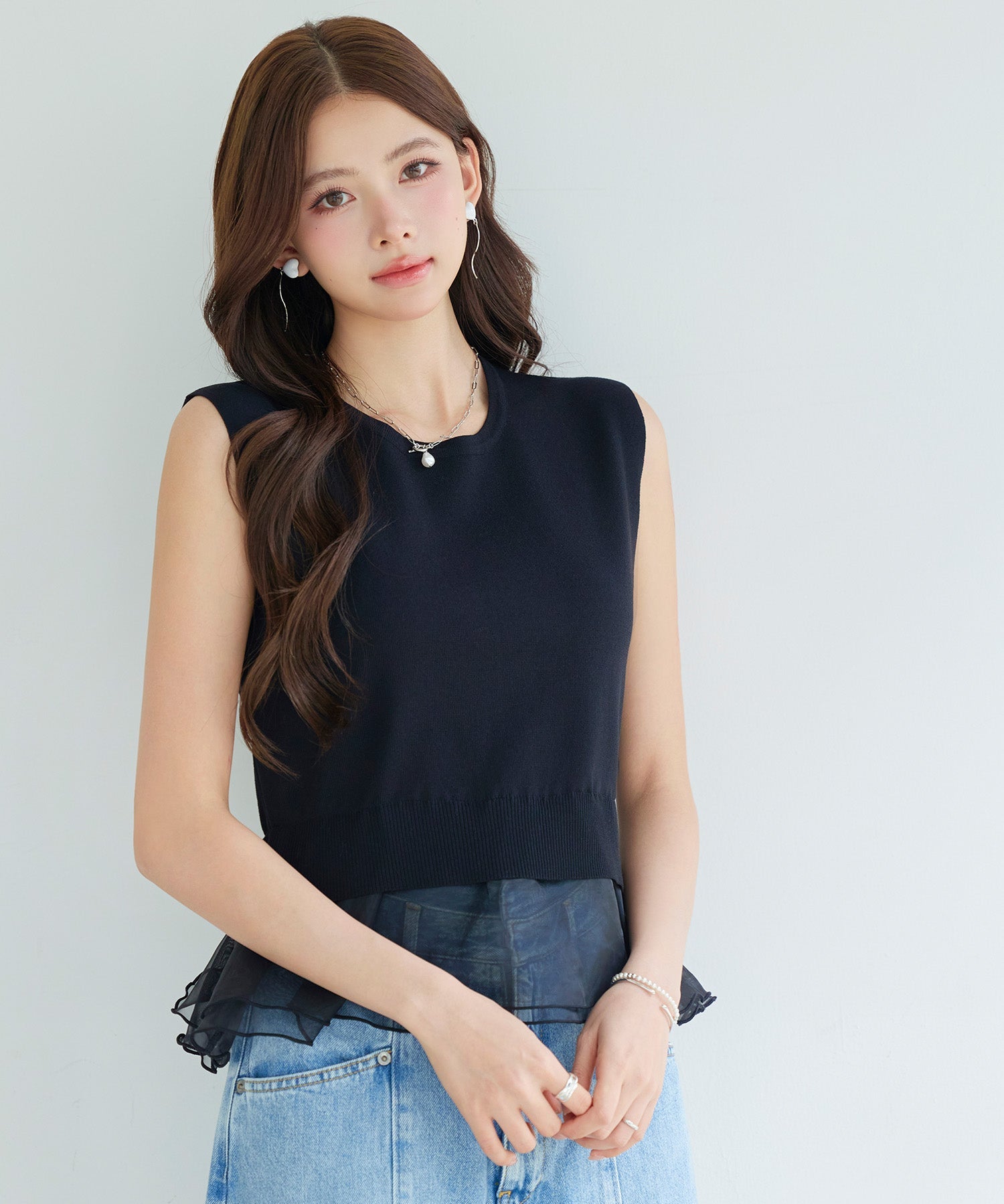 一枚で涼しげ＆サマ見えするオーガンジーのドッキングニット、ニット ｜ オフィスにぴったり、全3色 × 2サイズ