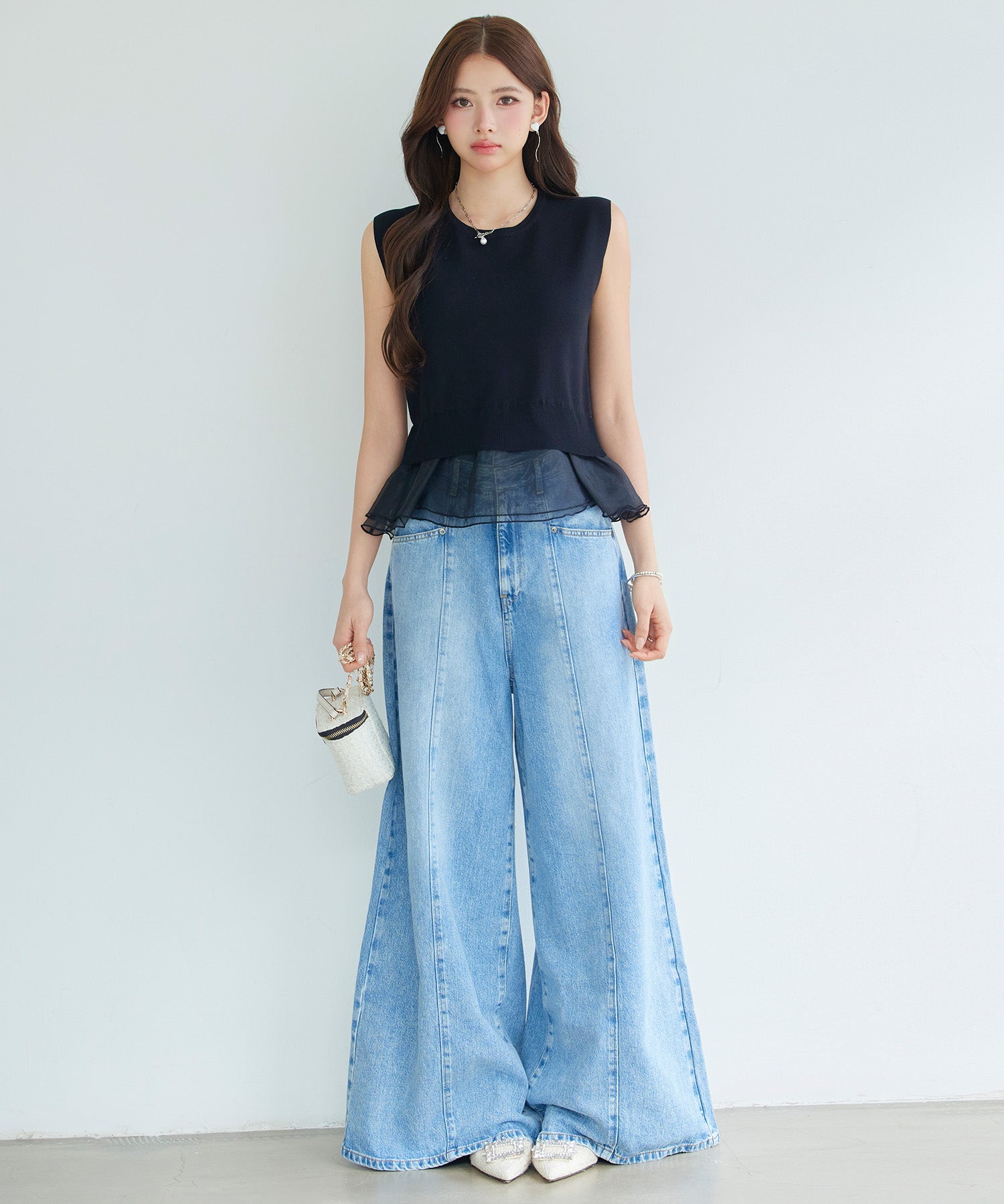 オーガンジーの切り替えドッキングプルオーバーsdp8132 ブラック